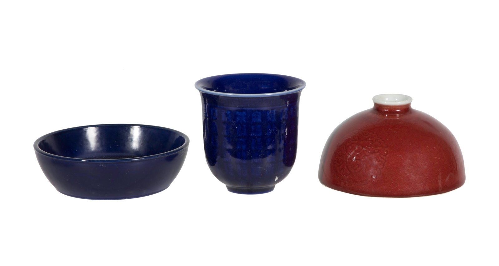 Chinese Monochrome Porcelain Assortment: Chinese Monochrome Porcelain Assortment (3) items including a cobalt blue low bowl and cup and a sang de boeuf beehive water dropper, all having underglaze blue 6-character Kangxi marks underside
