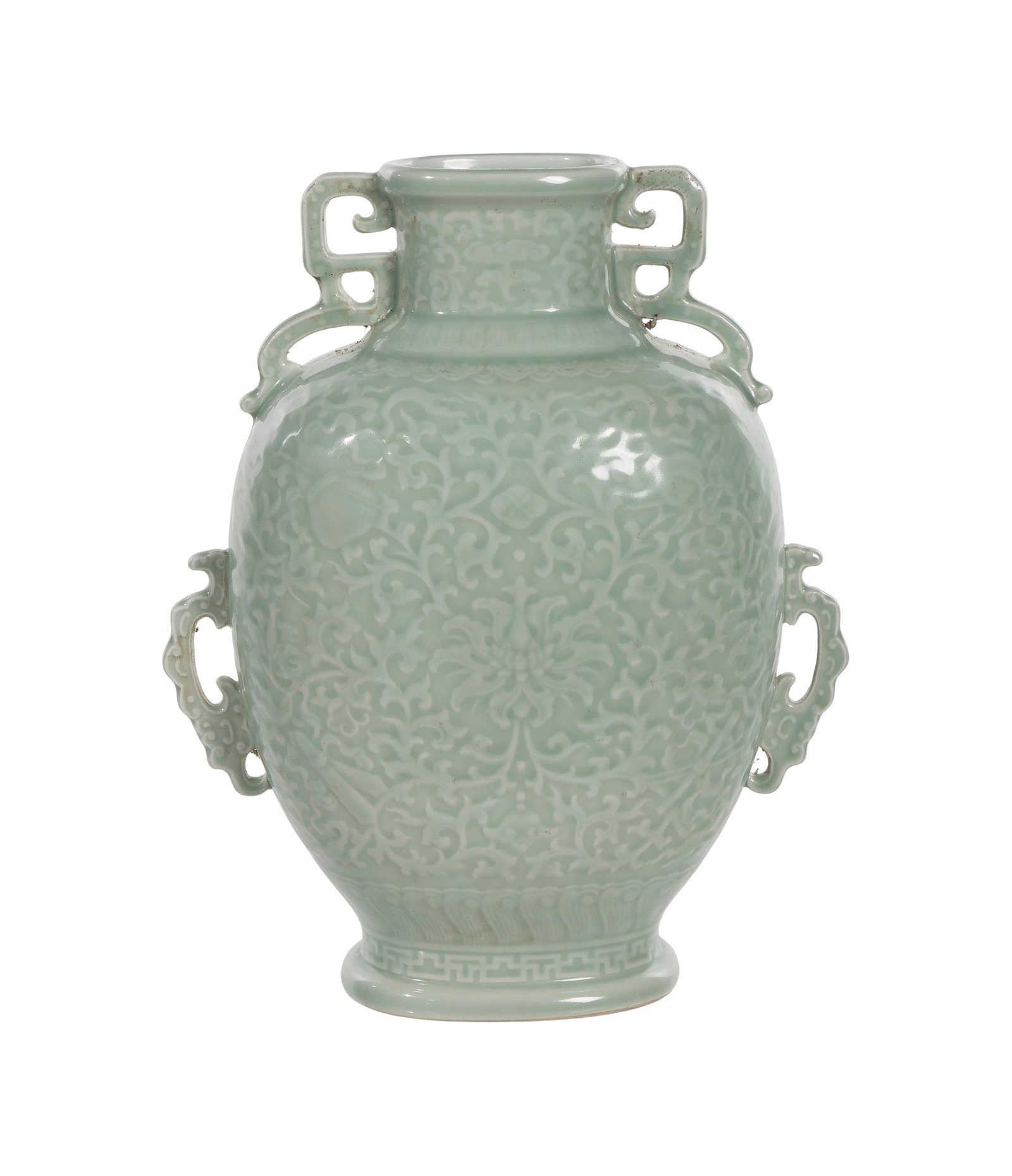 Chinese Celadon Porcelain Bian Hu Vase: Chinese Celadon Porcelain Bian Hu Vase Having flattened, oval form, two pairs of handles, overall shallow relief floral scroll decoration, an impressed Qianlong archaic seal mark underside Property