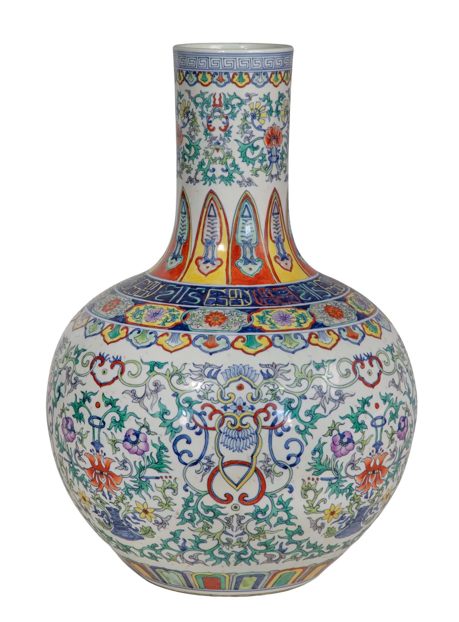 Chinese Doucai Tianqiuping Vase: Chinese Doucai Tianqiuping Vase A larger bulbous celestial sphere form having underglaze blue and overglaze red, yellow and green enamel decoration, an underglaze blue archaic seal script Qianlong mar