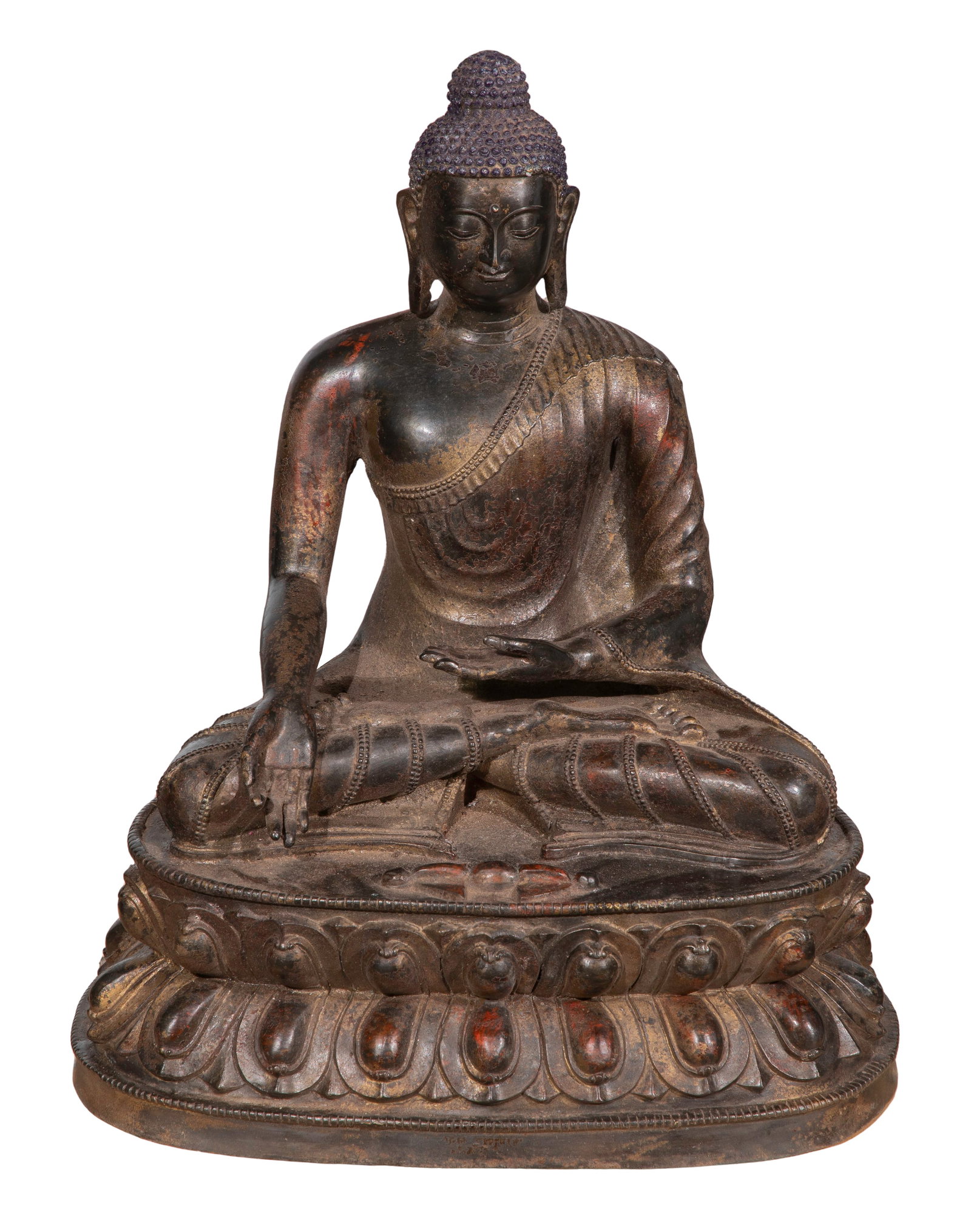 Sino-Tibetan Bronze Buddha: Sino-Tibetan Bronze Buddha Depicted seated on a lotus form base Property from: a Private Collector, Sanford, Florida Height: 15 1/2 inches, Width: 12 1/2 inches, Depth: 8 1/2 inches Condition: overall