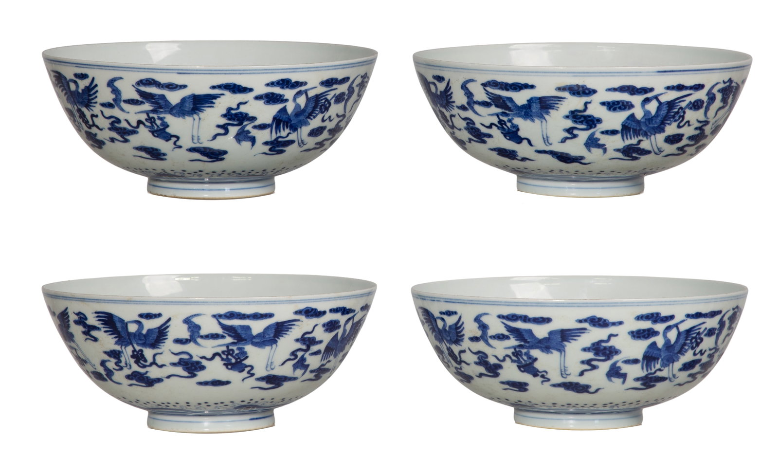 Chinese Blue and White Porcelain Bowl Set: Chinese Blue and White Porcelain Bowl Set A set of four having underglaze blue cranes and bats amid clouds motif, 6-character Xianfeng mark underside Property from: a Private Collector, Sanford,