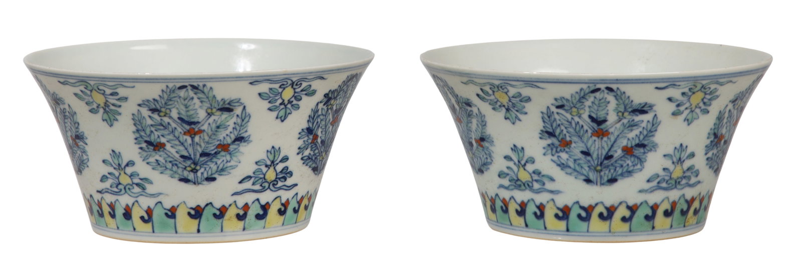 Chinese Doucai Porcelain Bowls: Chinese Doucai Porcelain Bowls (2) items having the same pattern underglaze blue and contrasting enamel decoration, one having an underglaze blue 6-character Yongzheng mark in concentric circles, the