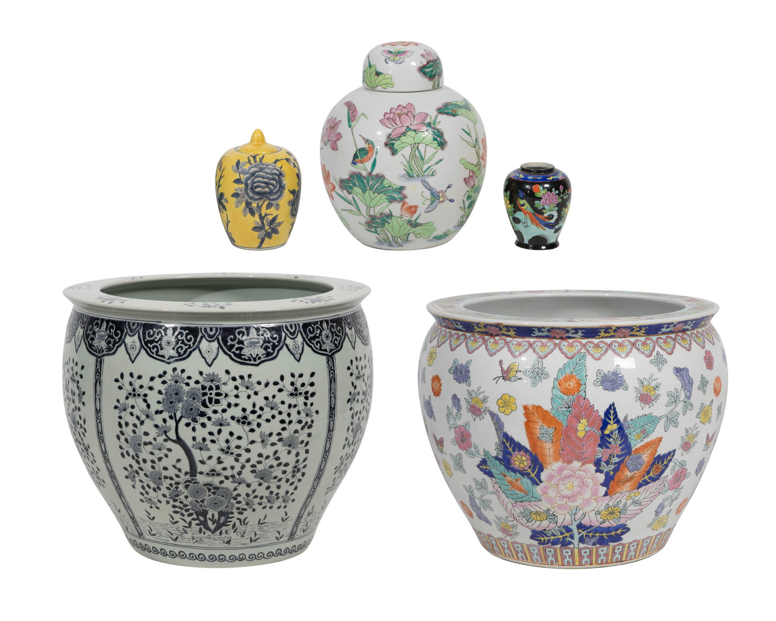 Asian Porcelain Decorative Assortment: Asian Porcelain Decorative Assortment (5) items including (2) fish bowls consisting of a famille rose and an enameled black on white as well as (3) ginger jars consisting of a yellow floral, a famille