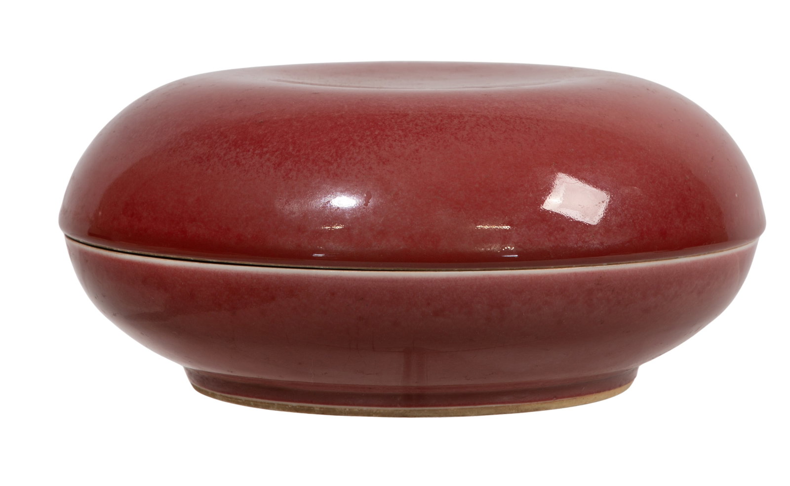Chinese Kangxi Style Peach Bloom Porcelain Covered Box: Chinese Kangxi Style Peach Bloom Porcelain Covered Box Round lidded box having an underglaze blue 6-character Kangxi mark underside Property from: a Private Collector, Sanford, Florida Height: 4