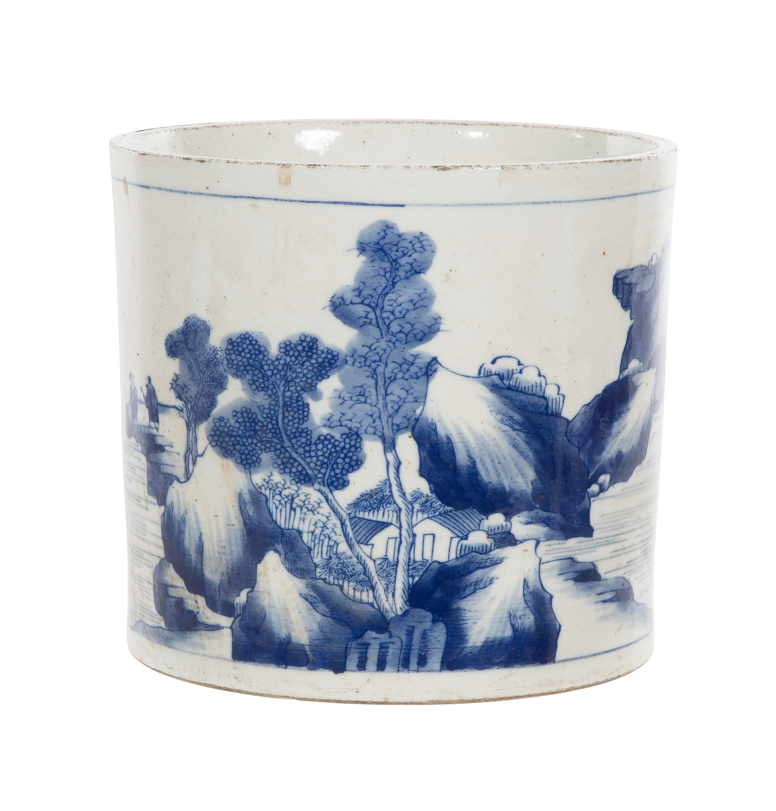 Chinese Blue and White Porcelain Brush Pot: Chinese Blue and White Porcelain Brush Pot Cylindrical having underglaze blue landscape and lengthy calligraphy inscription, a red enamel chop mark, an 8-character Kangxi mark and red enamel Arabic