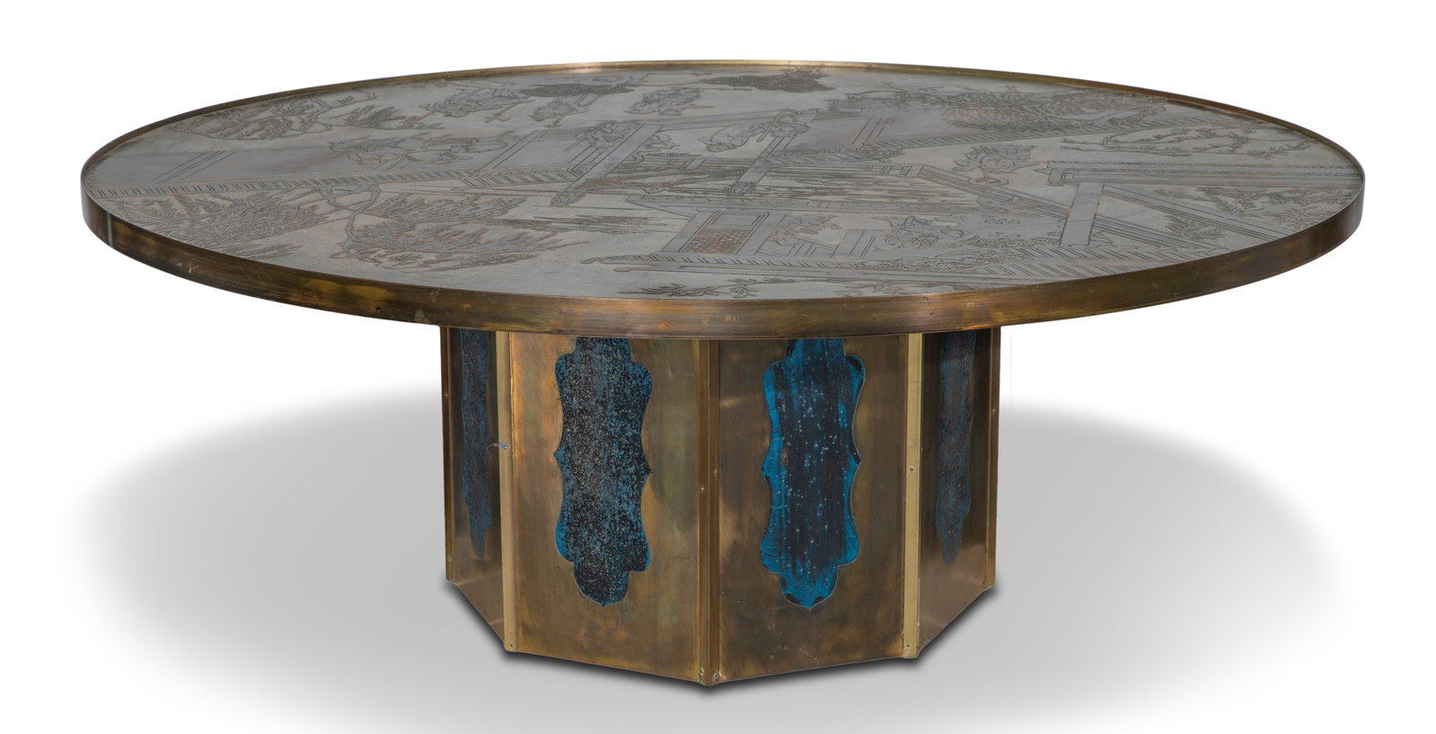 Phillip and Kelvin Laverne Chan Coffee Table: Phillip and Kelvin Laverne Chan Coffee Table Undated, raised signature, patinated pewter, bronze and hand painted enamels depicting a Chinese landscape having figures, structures, horses and trees,