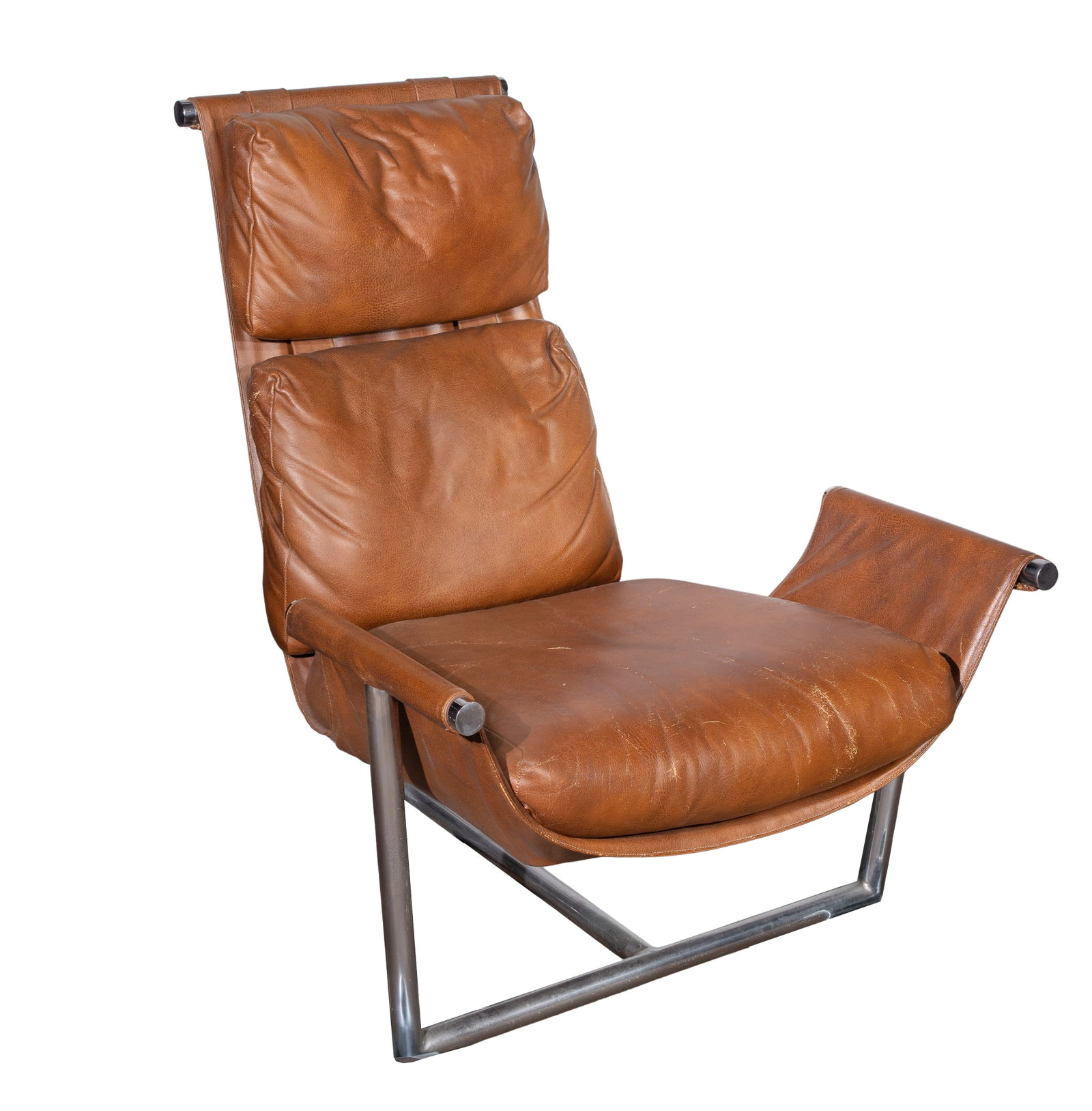 Jules Heumann for Metropolitan Furniture Chrome T-Base Sling Chair: Jules Heumann for Metropolitan Furniture Chrome T-Base Sling Chair An architectural chair having a chrome tubular T-base, brown bonded leather upholstery, retaining original tags on the underside of