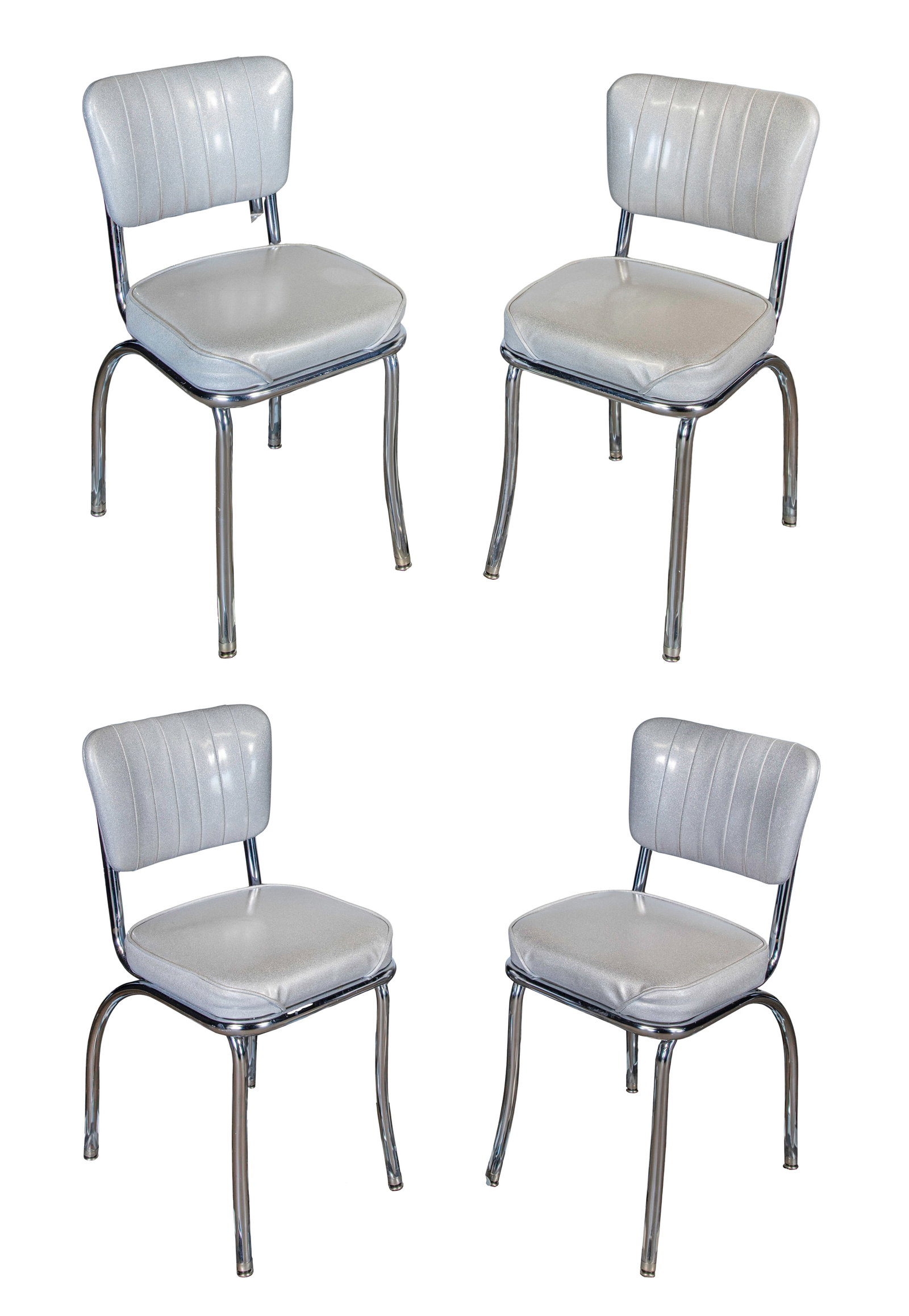 Vitro Seating Products Chrome and Vinyl Chair Set: Vitro Seating Products Chrome and Vinyl Chair Set (4) items having a channel back and waterfall-style seat of silver sparkle vinyl on chrome tubular frame, retaining label on underside Property from: