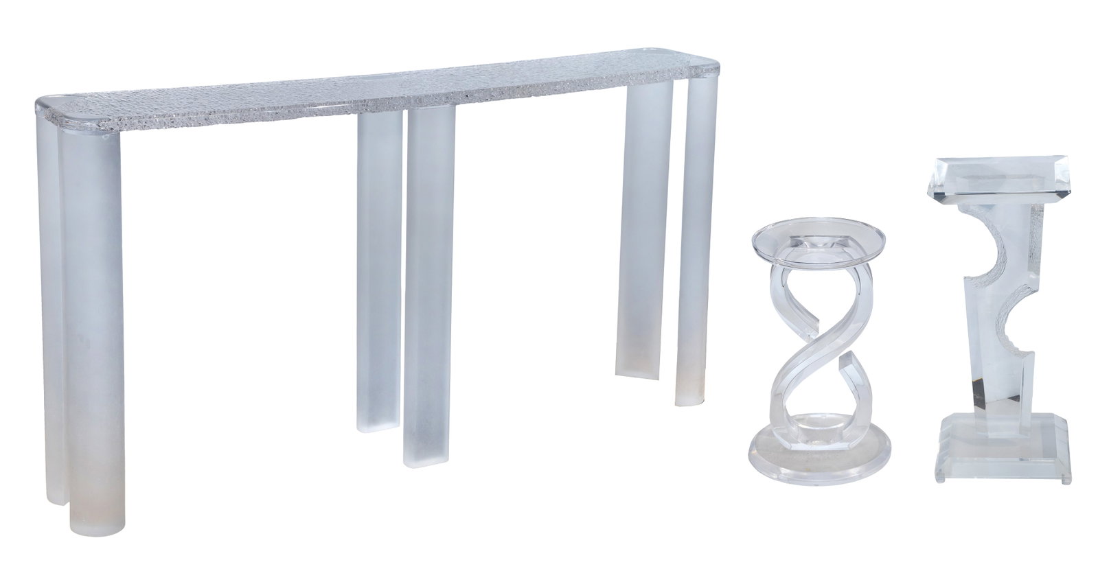 Shlomi Haziza (Israeli, b.1969) Acrylic End Table: Shlomi Haziza (Israeli, b.1969) Acrylic End Table (3) total items including a table having an s-curve topped with a round disc having original label, an attributed to Shlomi Haziza clear acrylic