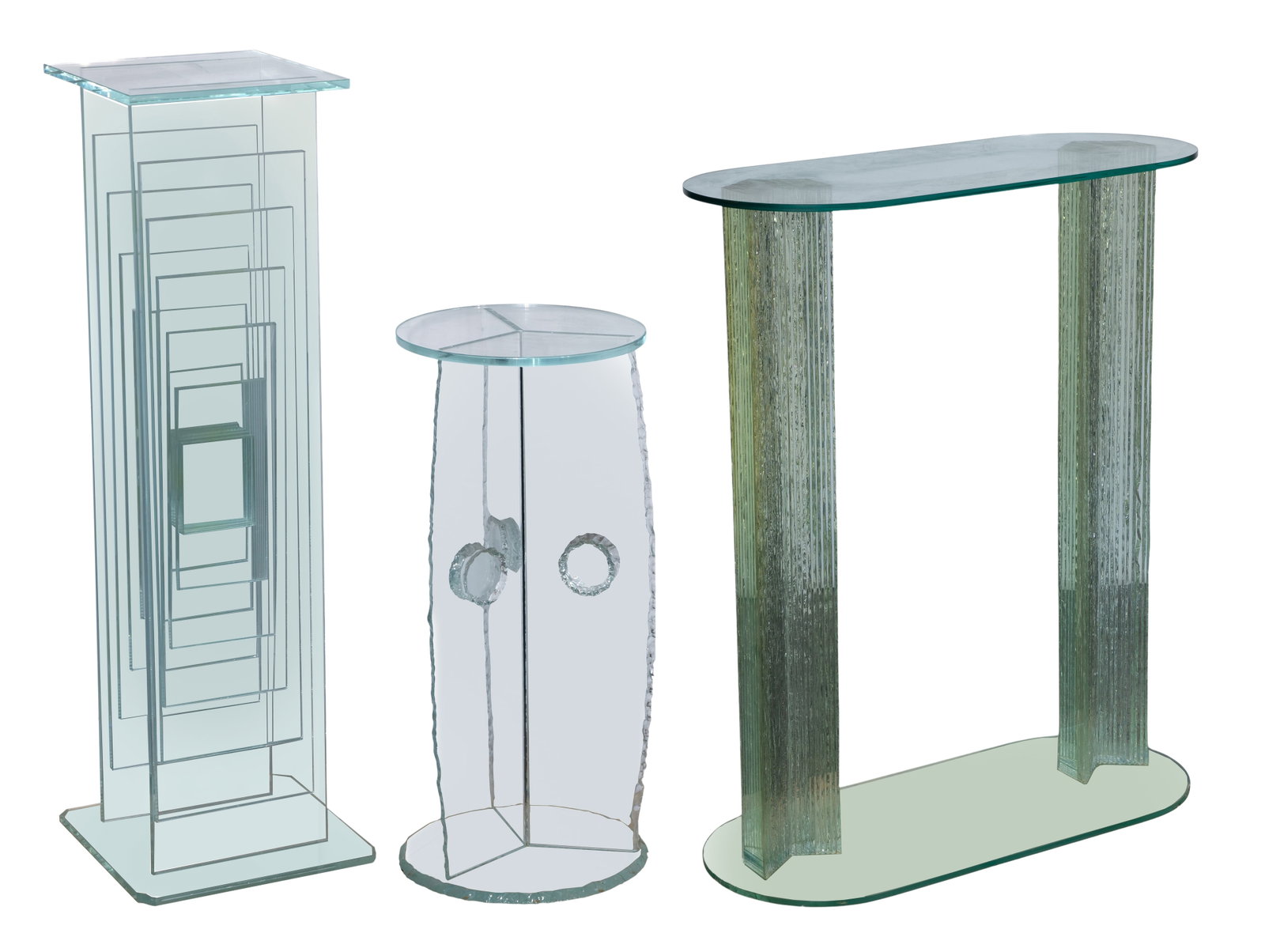 Glass Display Stand Assortment: Glass Display Stand Assortment (3) items of all-glass construction including a square-topped pedestal, a 36.5 x 30 x 13-inch oblong on two supports and a 29 x 13-inch diameter round-topped on three