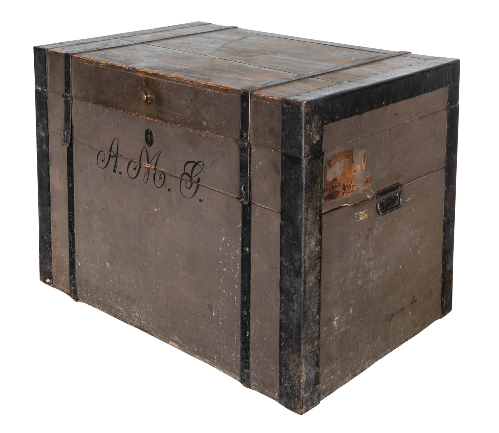 Norwegian Immigrant Travel Chest: Norwegian Immigrant Travel Chest A transport chest having black iron bracing and a painted monogram 'A.M.G.', partial stickers on sides, casters, fabric interior Property from: an Estate, Evanston,