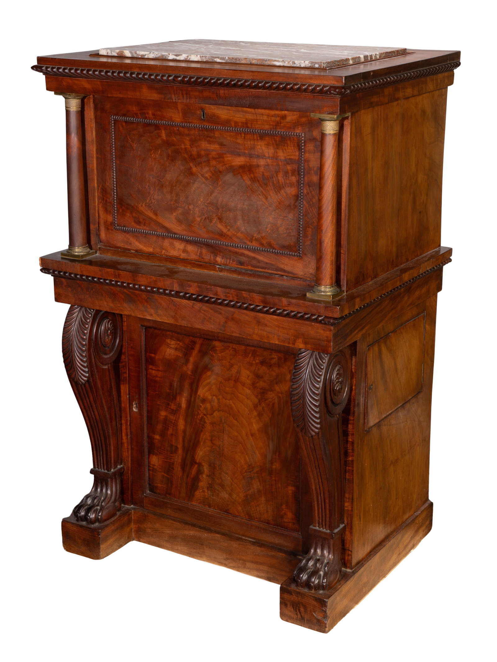 American Empire Style Mahogany Liquor Cabinet: American Empire Style Mahogany Liquor Cabinet 2-piece carved mahogany cabinet having marble top, acanthus leaf accents, columns, claw feet, brass fittings, drop front and side locked compartment,