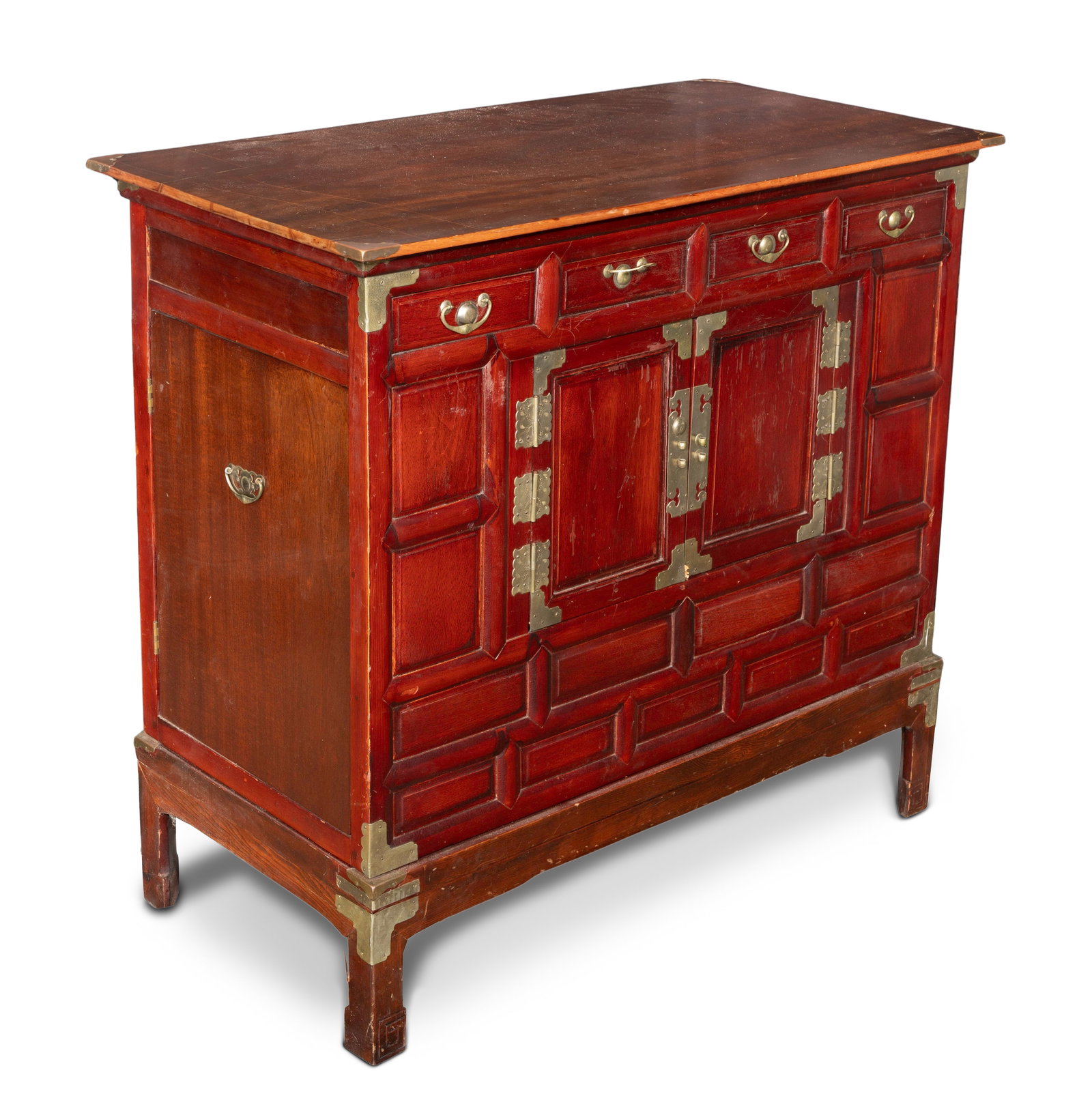 Asian Bar Cabinet: Asian Bar Cabinet Wood cabinet having slide-in wine glass hangers hidden behind side doors, a copper lined interior under the top and brass hardware Property from: an Estate, Evanston, Illinois