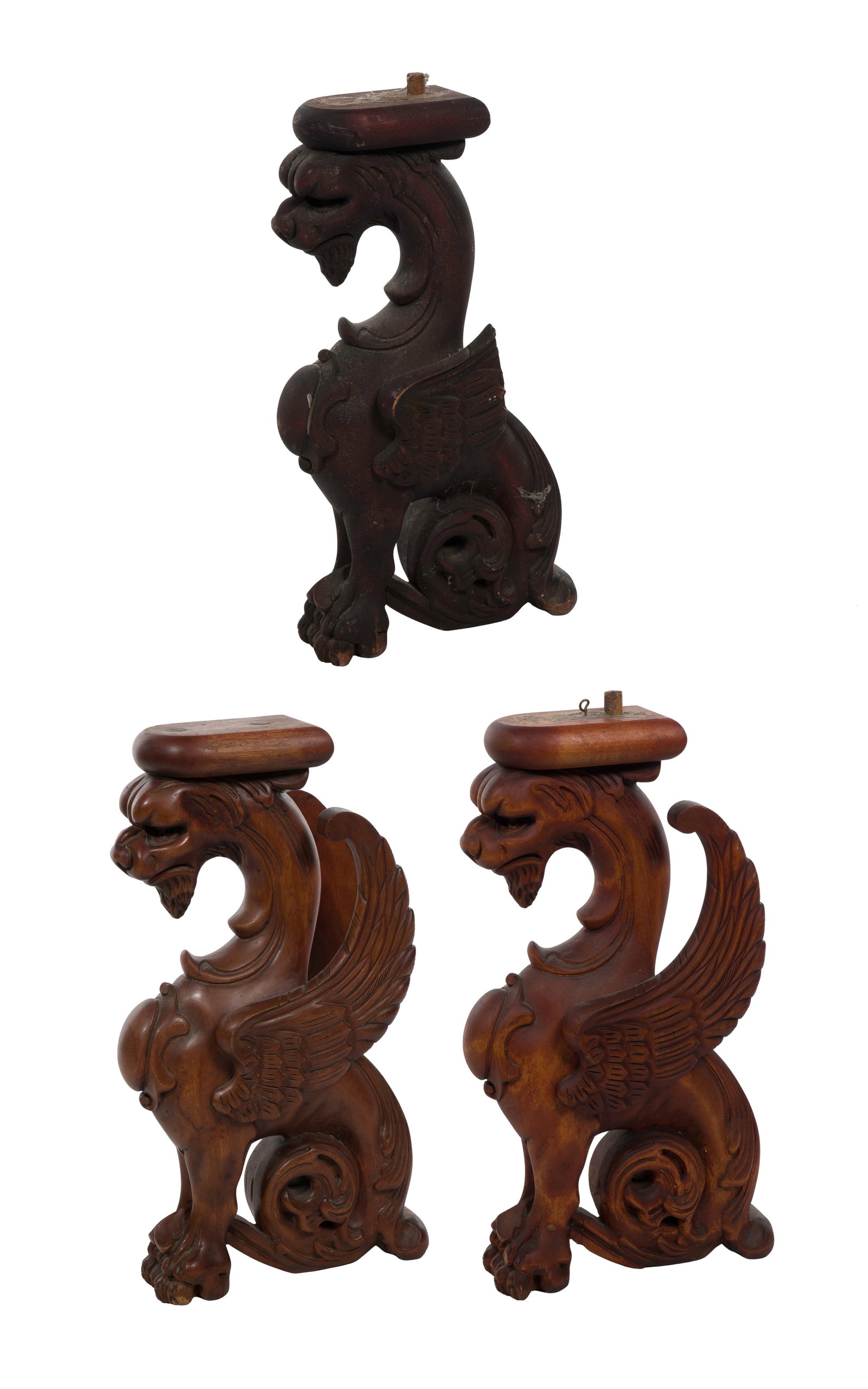 Decorative Carved Elements: Decorative Carved Elements (3) carved mahogany supports / furniture legs having a griffin form Property from: an Estate, Evanston, Illinois Height: 19 1/2 inches, Width: 10 inches, Depth: 6 inches