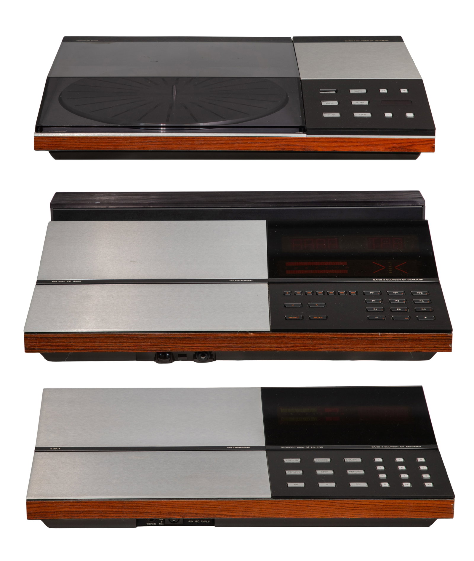 Bang & Olufsen Stereo System: Bang & Olufsen Stereo System (3) items including a Beogram 8002 turntable type #5633, serial #2508053, a Beocord 8004 HX-Pro (serial # label removed) and a Beomaster 6000 type #2253, serial #2559033,