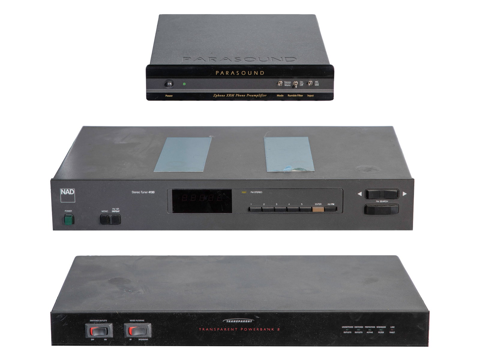 Parasound XRM Preamplifier: Parasound XRM Preamplifier (3) total items including pre-amplifier serial #13445 having independent circuits and inputs for moving magnet (MM) and moving coil (MC) cartridges, for two turntables;