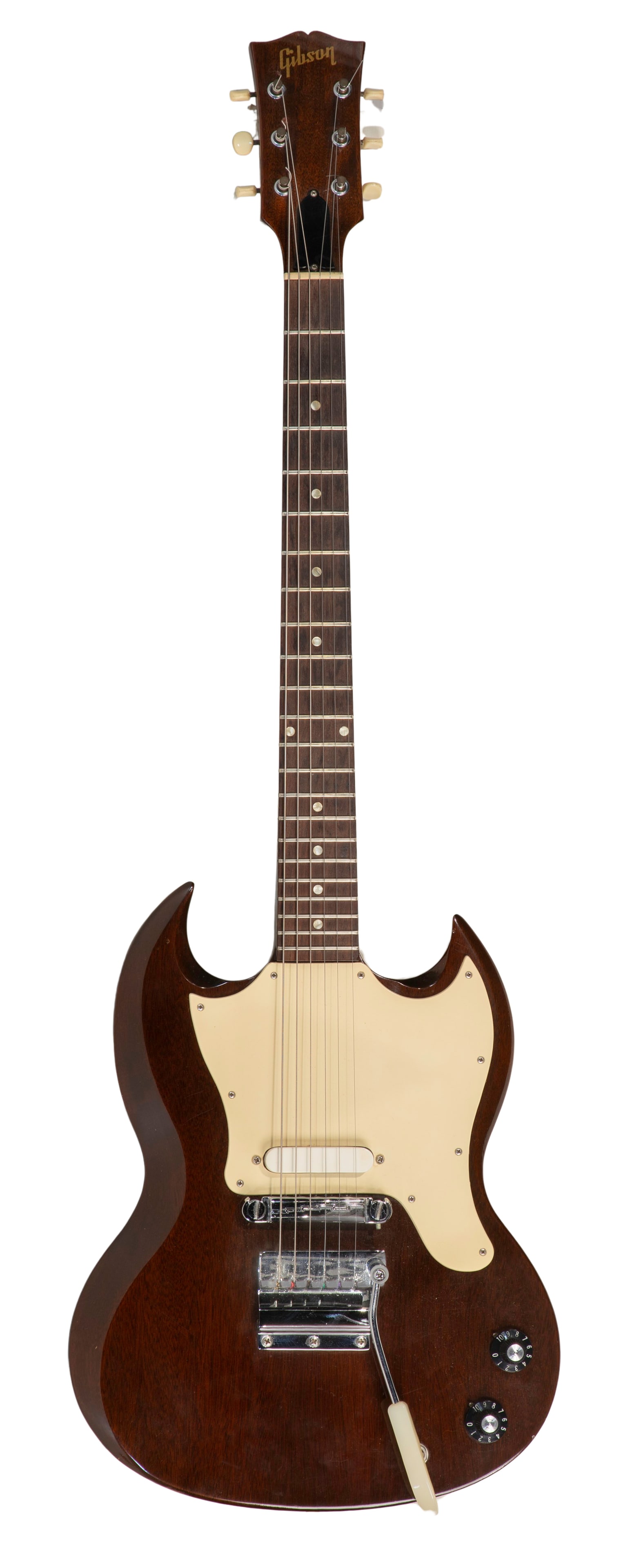 Gibson 1970 SG Melody Maker Electric Guitar: Gibson 1970 SG Melody Maker Electric Guitar Serial #902065 stamped on backside of head-stock, double-cutaway slab-body in a lacquered walnut finish, cream pick guard, single pickup, virbrola,