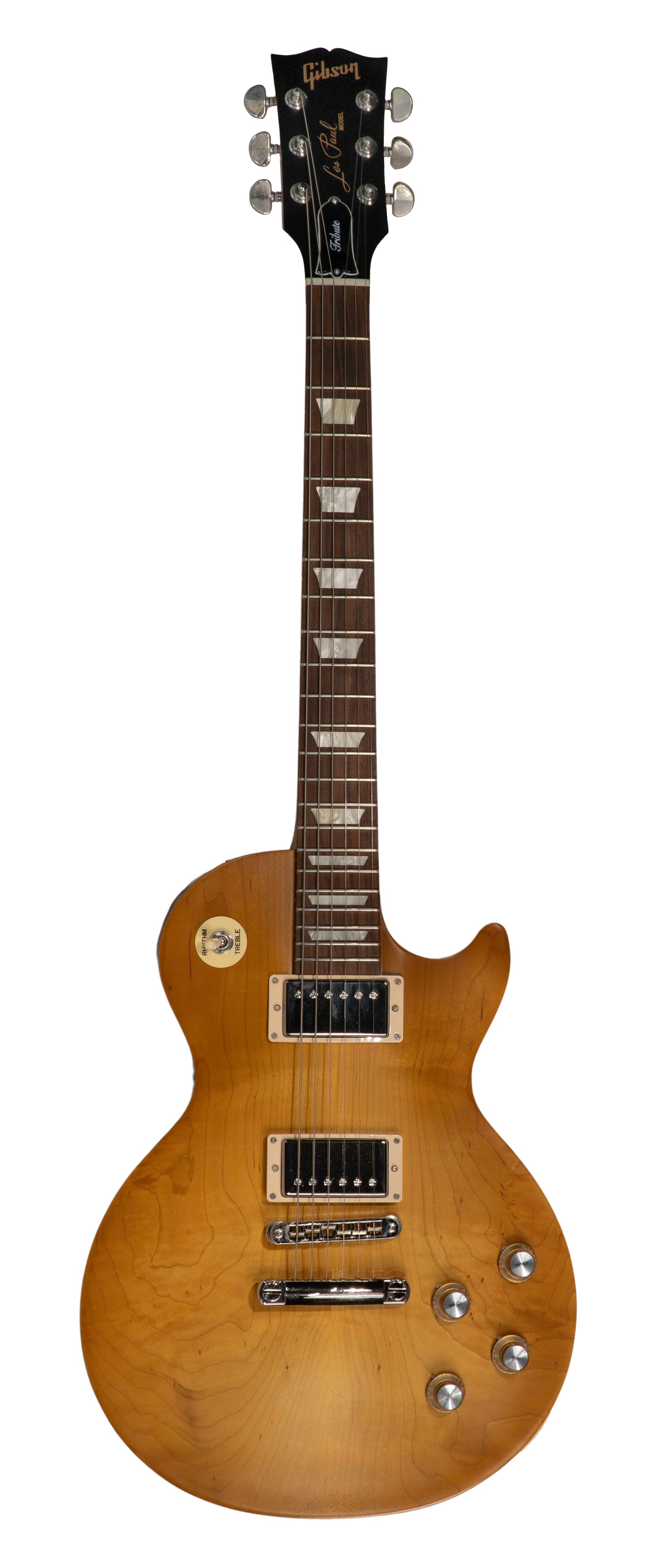 Gibson Les Paul Tribute Electric Guitar: Gibson Les Paul Tribute Electric Guitar A 2010, serial #17010032 stamped on backside of head stock, having a solid body in a honey burst finish, mahogany neck, satin finish, two humbucker pickups,