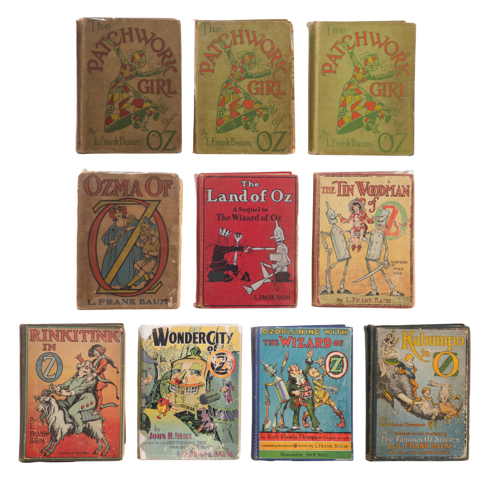 Oz Book Assortment: Oz Book Assortment (10) titles from authors L. Frank Baum, Ruth Plumly Thompson and John Neill, some being first / early editions Property from: a Private Collector, Kansas City, Missouri Height: 9