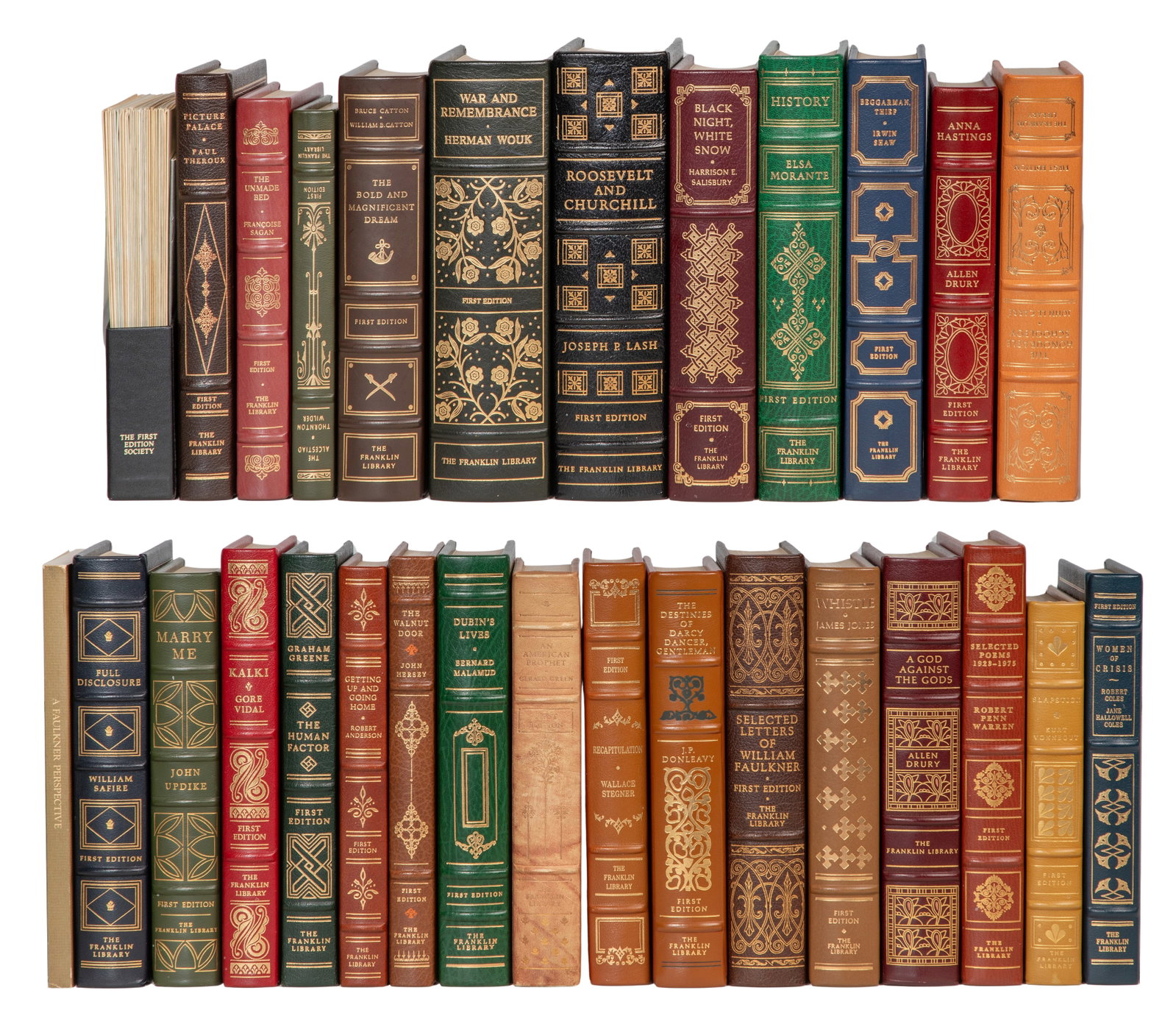 Franklin Library First Edition Leather Bound Book Assortment: Franklin Library First Edition Leather Bound Book Assortment (29) total items, some issued by the First Edition Society, literature and history, authors including William Faulkner, John Carre, Kurt Vo