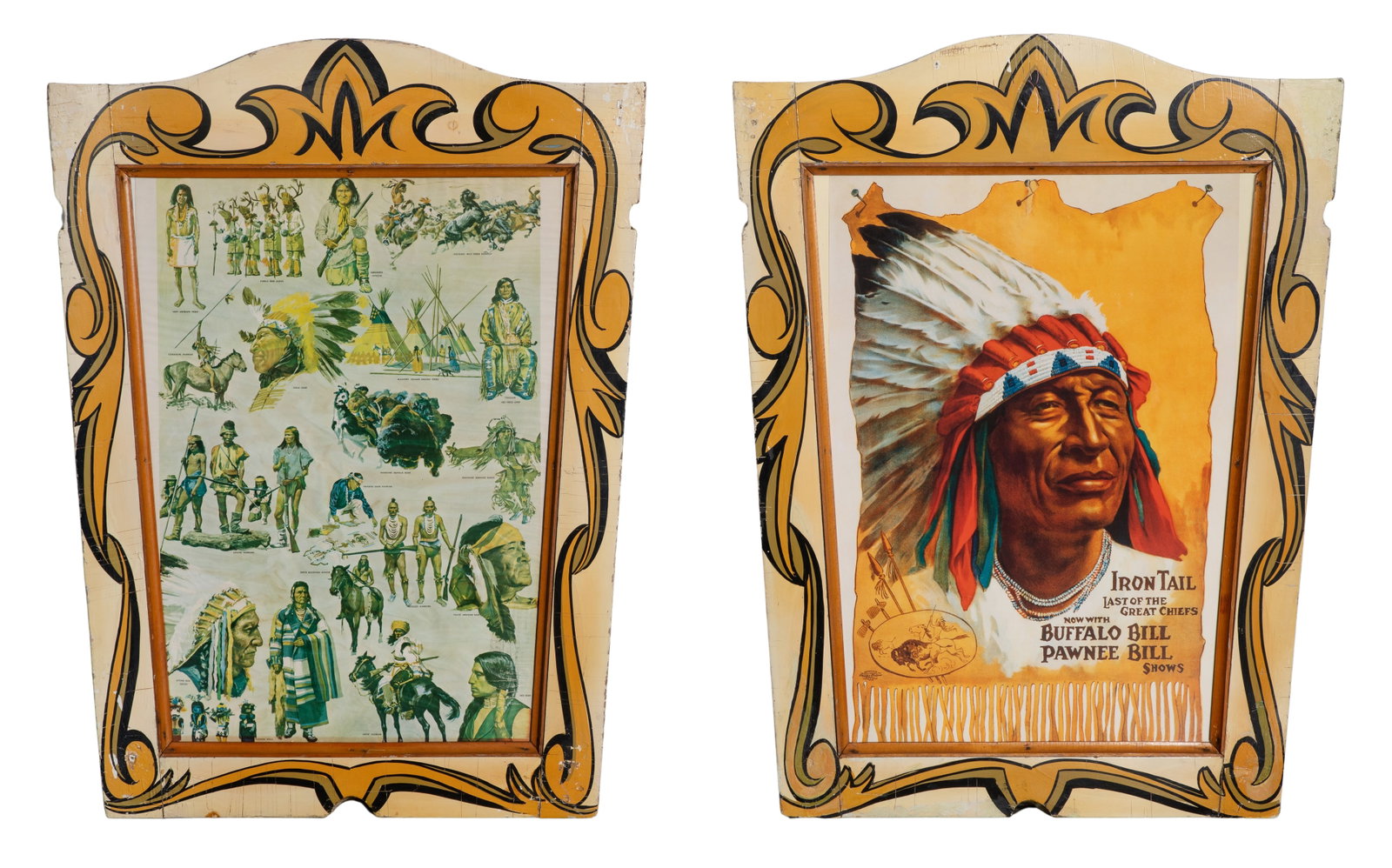 Attributed to Herschell-Spillman Company Carousel Door Panels: Attributed to Herschell-Spillman Company Carousel Door Panels (2) painted wood doors retaining some hardware, framed glass poster displays, including a reproduction 'Iron Tail, Last of the Great
