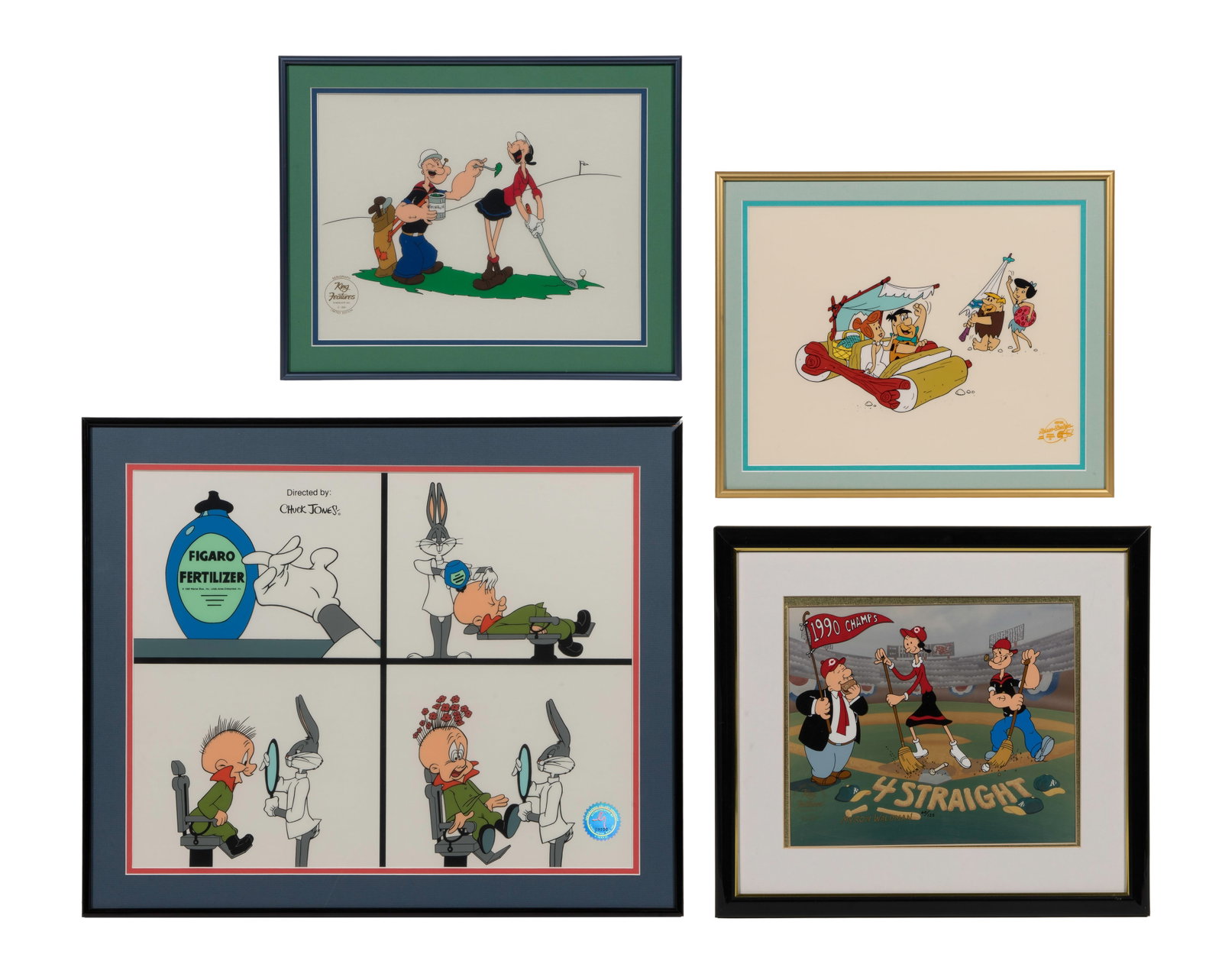 Animation Sericel Art Assortment: Animation Sericel Art Assortment (4) items including a Warner Brothers Bugs Bunny from the short 'Figaro Fertilizer' having COA hologram, from the Hanna Barbera studios The Flintstones 'Beach Blanket 
