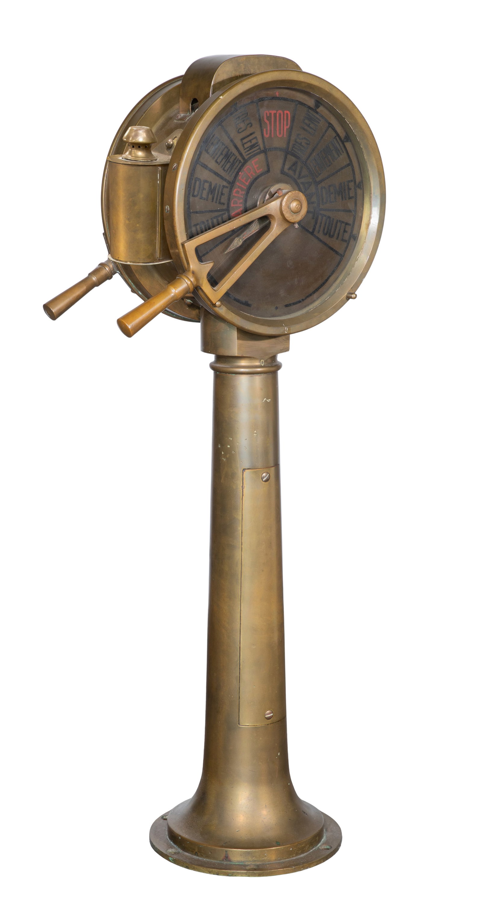 French Ship's Brass Engine Order Telegraph Bridge Transmitter: French Ship's Brass Engine Order Telegraph Bridge Transmitter Having French language commands and directions on dial face Property from: an Estate, Madison, Wisconsin Height: 45 inches, Width: 14 inch