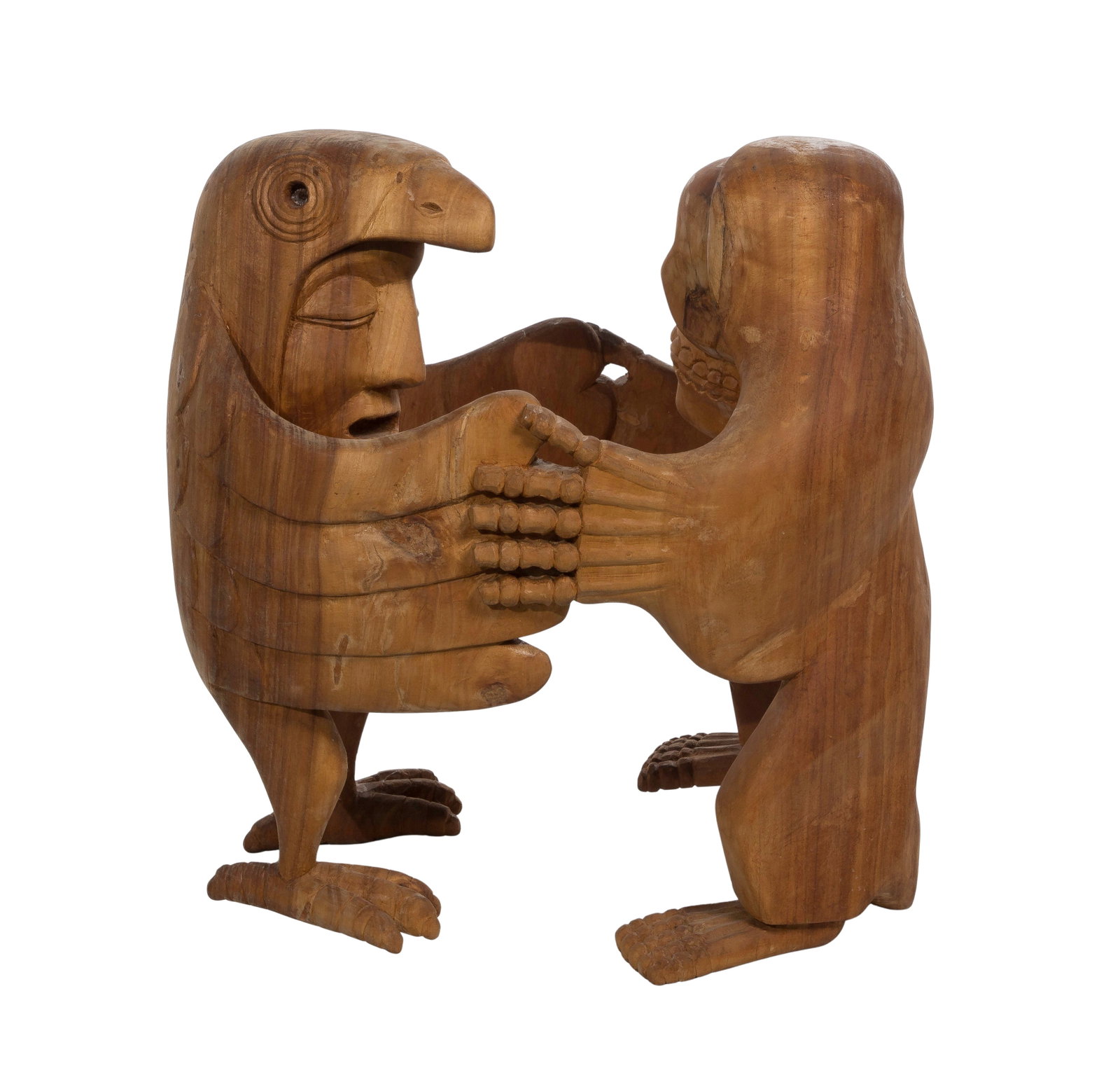Angel Valdez (Mexican, 20th Century) Carved Wood Sculpture: Angel Valdez (Mexican, 20th Century) Carved Wood Sculpture 1982, raw wood having carved signature and date on interior of the skull-faced figure dancing with the figure in a bird costume and mask