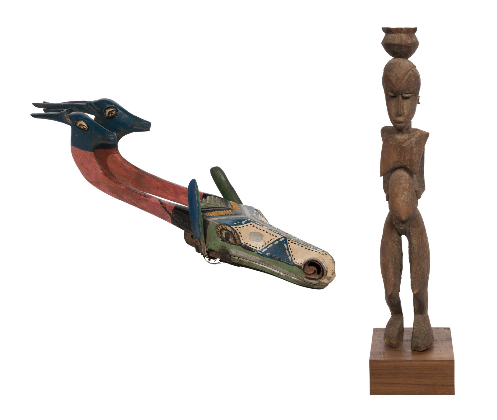 African Carved Wood Art: African Carved Wood Art (2) items including a Lobi ancestor figure from Burkina Faso on wood stand and a 35-inch long painted Bamana antelope motif marionette mask crest from Mali having articulated