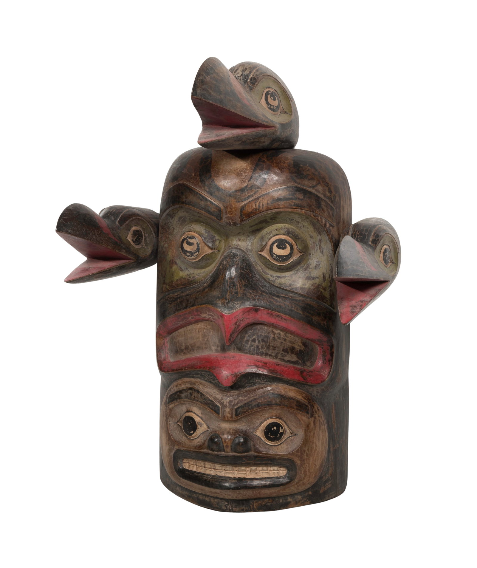 Native American Northwest Coast Style Wall Hanging: Native American Northwest Coast Style Wall Hanging Undated, unsigned, carved and painted mask form (without eye holes) having eagle, bear and attached raven motifs Property from: a Private Collector,