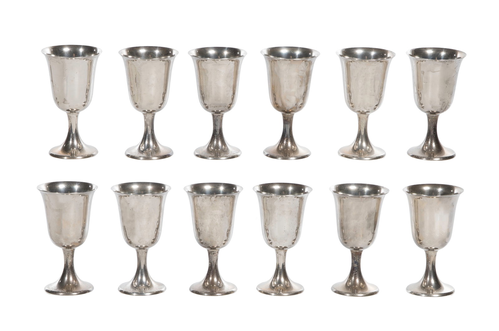 Gorham Puritan Sterling Silver Wine Goblet Collection: Gorham Puritan Sterling Silver Wine Goblet Collection A set of (12) #572 cordial goblets having bell-form bowl, cylindrical stem and a raised foot (marked 'Gorham' and 'sterling') Property from: a Pri