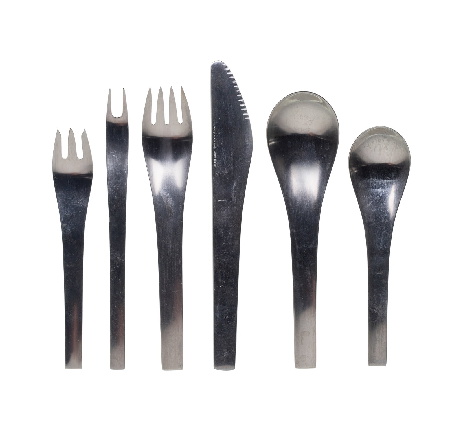 Georg Jensen Blue Shark Stainless Steel Flatware Service: Georg Jensen Blue Shark Stainless Steel Flatware Service Distinctively sleek, minimalist design, including (14) 8-inch dinner knives, (14) 7.5-inch, dinner forks, (8) 6.875 salad forks, (8)