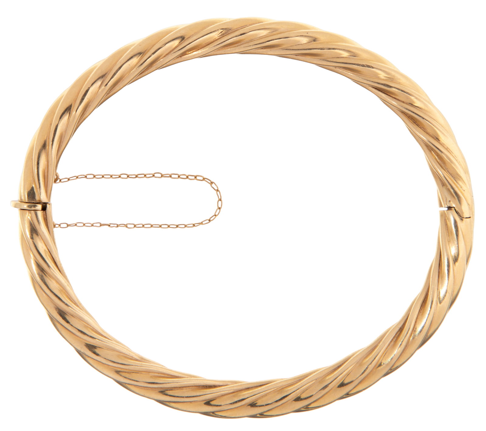 14k Yellow Gold Bangle Bracelet: 14k Yellow Gold Bangle Bracelet Having a button catch, twist design (marked '14k' / '585') Property from: a Private Collector, Wayne, Illinois Length: 7 1/2 inches (interior circumference) Weight: