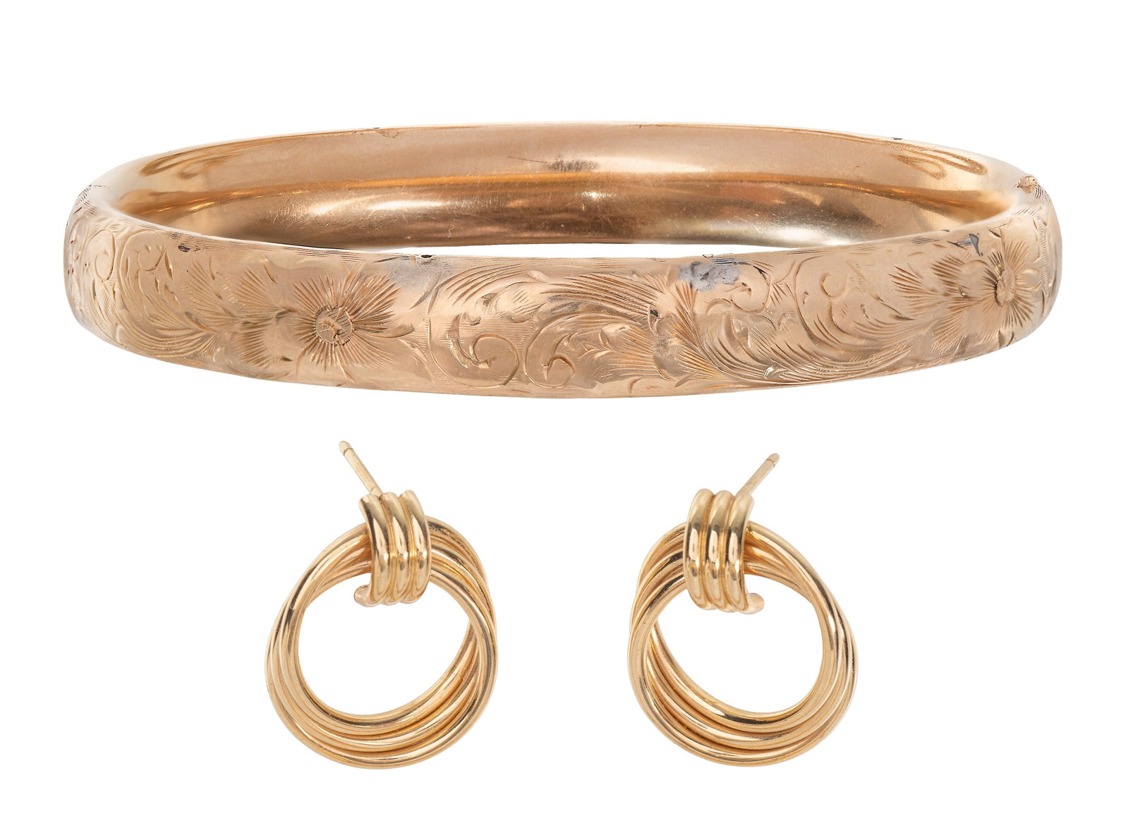14k Yellow Gold Jewelry: 14k Yellow Gold Jewelry (2) items including a pair of earrings (marked 'T&Co' and '585') and a floral filigree button catch bangle (unmarked) Property from: a Private Collector, Wayne, Illinois