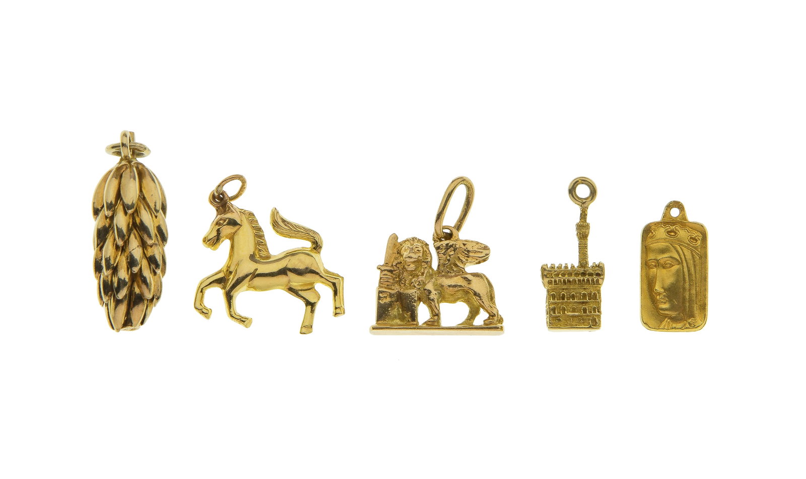 18k and 14k Yellow Gold Charm Assortment: 18k and 14k Yellow Gold Charm Assortment (5) items including (3) medieval motif (unmarked 18k) and (2) figural (unmarked 14k) Property from: a Private Collector, Winnetka, Illinois Length: 1 inches,