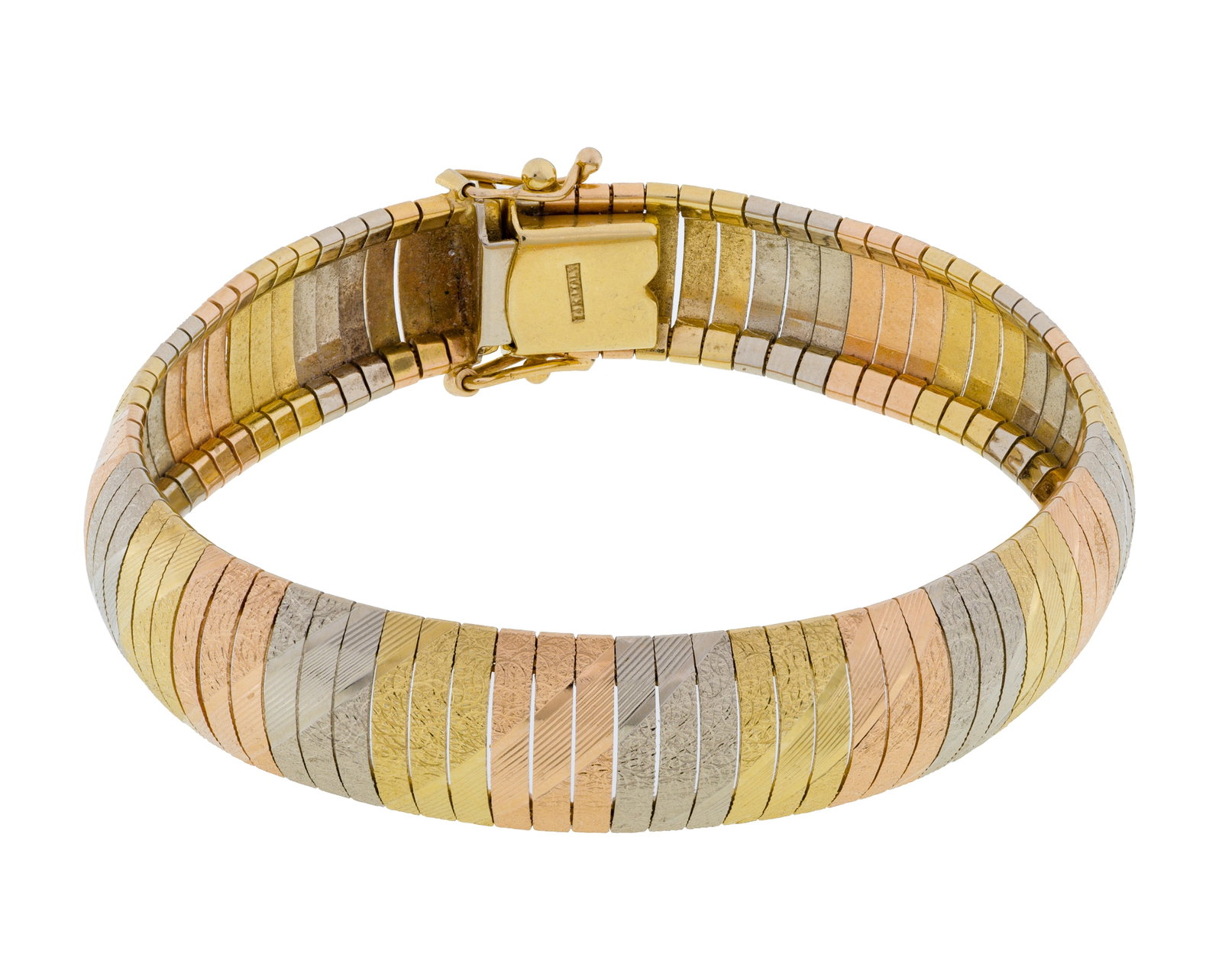 14k Tri-Color Gold Bracelet: 14k Tri-Color Gold Bracelet A 0.50-inch wide white, yellow and rose gold having a cut omega link design (marked '14k') Property from: an Estate, Westchester, Illinois Length: 7 1/8 inches Weight: 14k