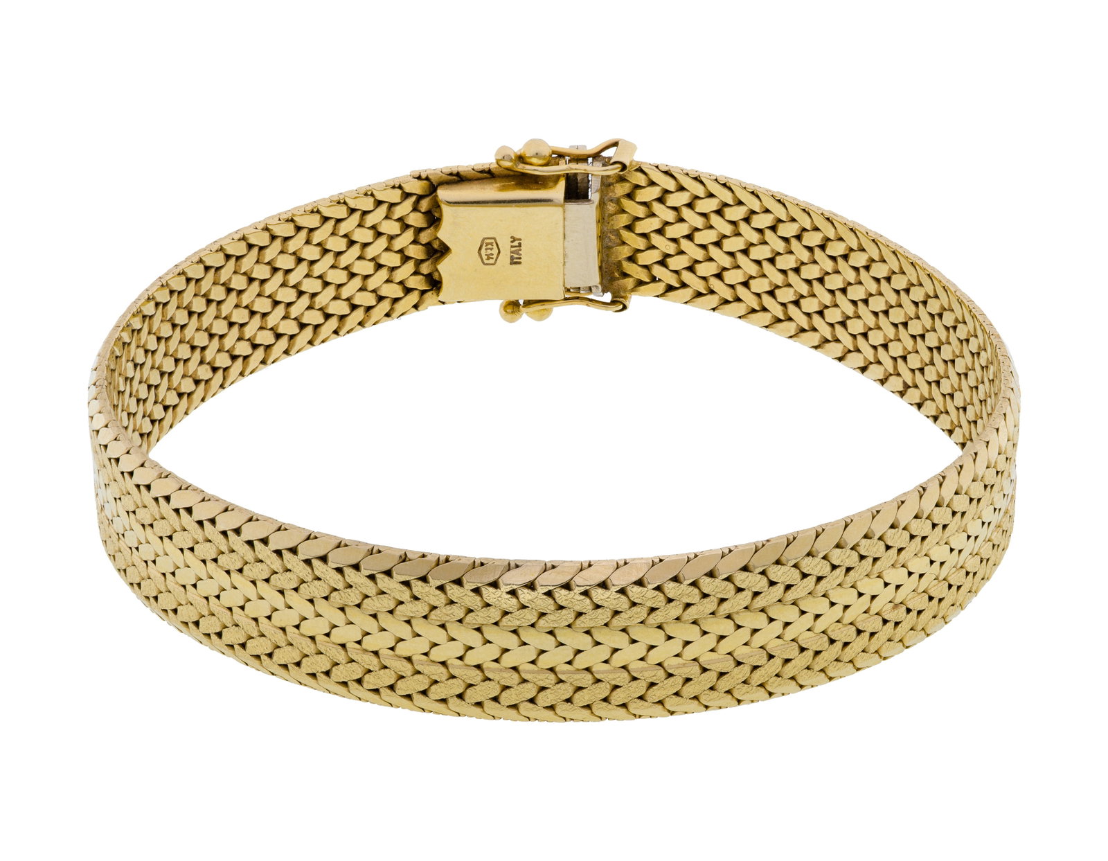 14k Yellow Gold Bracelet: 14k Yellow Gold Bracelet A 0.50-inch wide articulated herringbone mesh style having a cut finish (marked '14k') Property from: an Estate, Westchester, Illinois Length: 7 1/4 inches Weight: 14k gold: