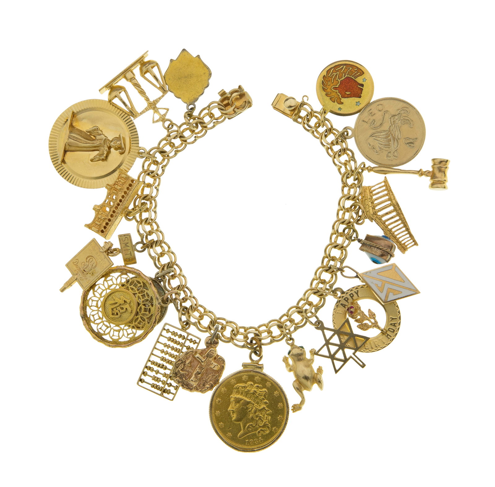 Mixed Yellow Gold Charm and Bracelet Assortment: Mixed Yellow Gold Charm and Bracelet Assortment (20) items including an 1834 $5 gold coin in a 14k gold bezel, a Parthenon, a lion themed and a bridge (some marked '18k'), a link bracelet, a Libra,