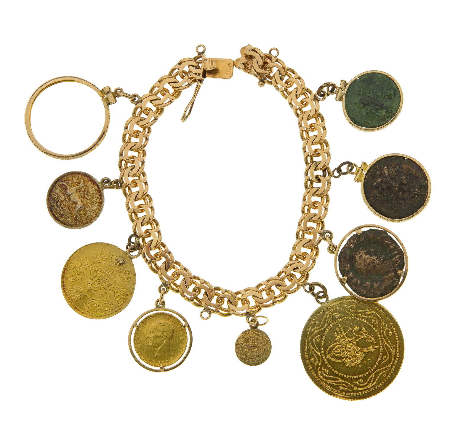Mixed Gold Charm Bracelet: Mixed Gold Charm Bracelet Including a link bracelet (foreign marked for 18k), coin charms including (3) Iranian (unmarked but XRF tested as 21k / 18k / 13k), a Turkish coin (unmarked 22k / 18k bale),