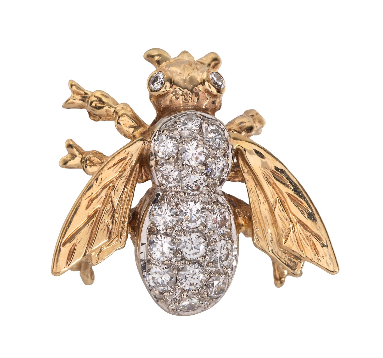 14k Yellow Gold and Diamond Brooch: 14k Yellow Gold and Diamond Brooch In the form of a bee having the eyes, thorax and abdomen encrusted with round cut, pave set diamonds (unmarked) Property from: an Estate, Chicago (Rogers Park),