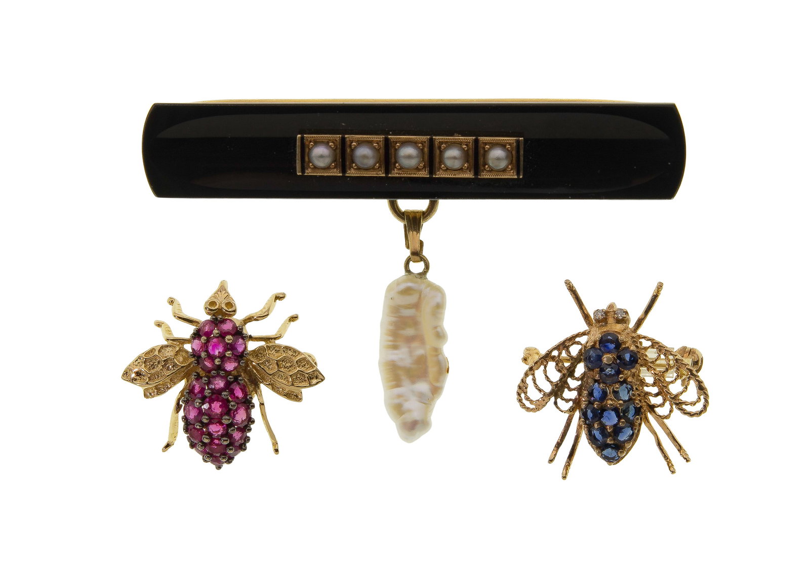 14k and 10k Gold Brooch Assortment: 14k and 10k Gold Brooch Assortment (3) items including an onyx and seed pearl bar pin having a natural pearl pendant and a spinel bee pin (most marked '14k') as well as a sapphire bee pin (marked