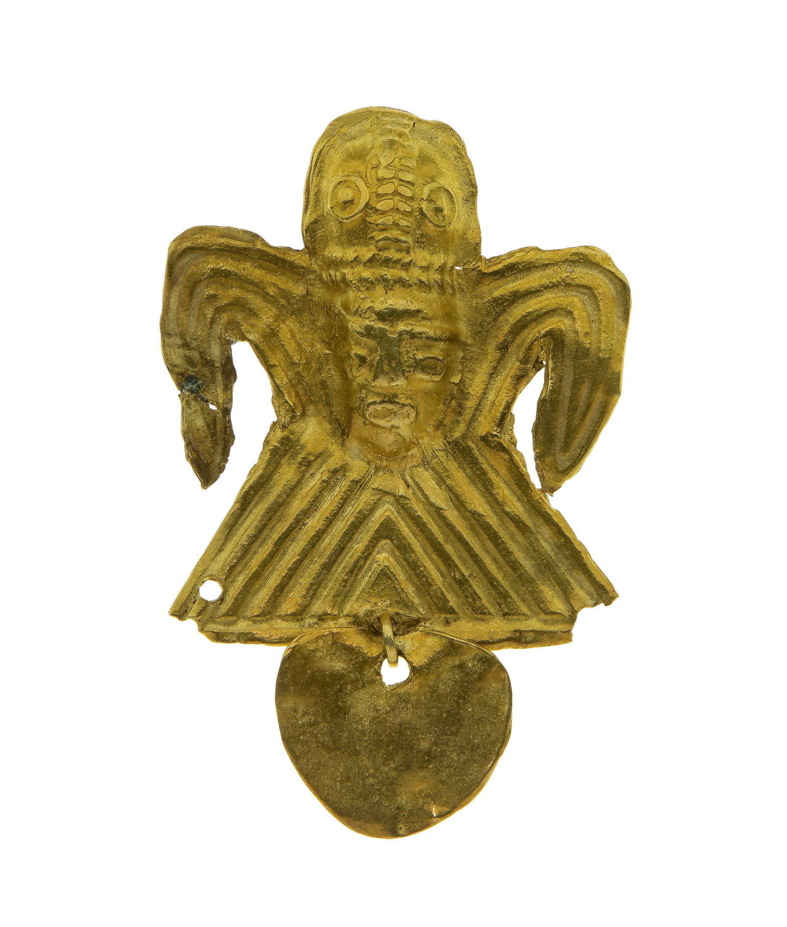 20k Yellow Gold Pre-Columbian Style Brooch: 20k Yellow Gold Pre-Columbian Style Brooch Depicting a tribal figure, having a pin back device Property from: a Private Collector, Chicago (Edgewater), Illinois Height: 2 1/2 inches, Width: 1 1/2