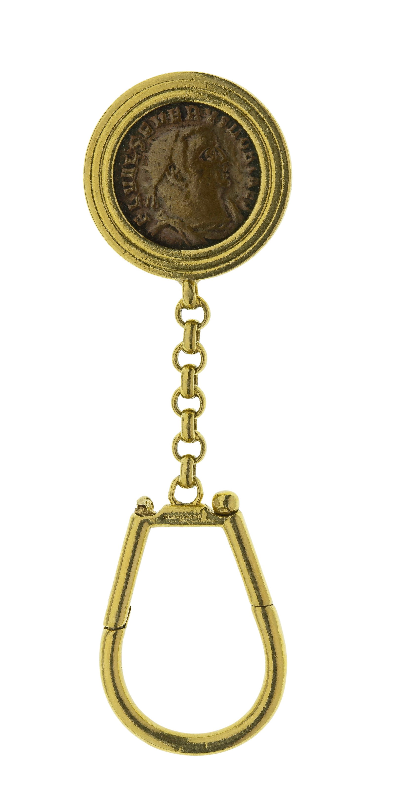 Adriano Chimento 18k Yellow Gold Key Ring: Adriano Chimento 18k Yellow Gold Key Ring Having an inset Roman style coin, signed by artist Property from: a Private Collector, Chicago (Edgewater), Illinois Length: 3 1/2 inches Weight: 18k gold: