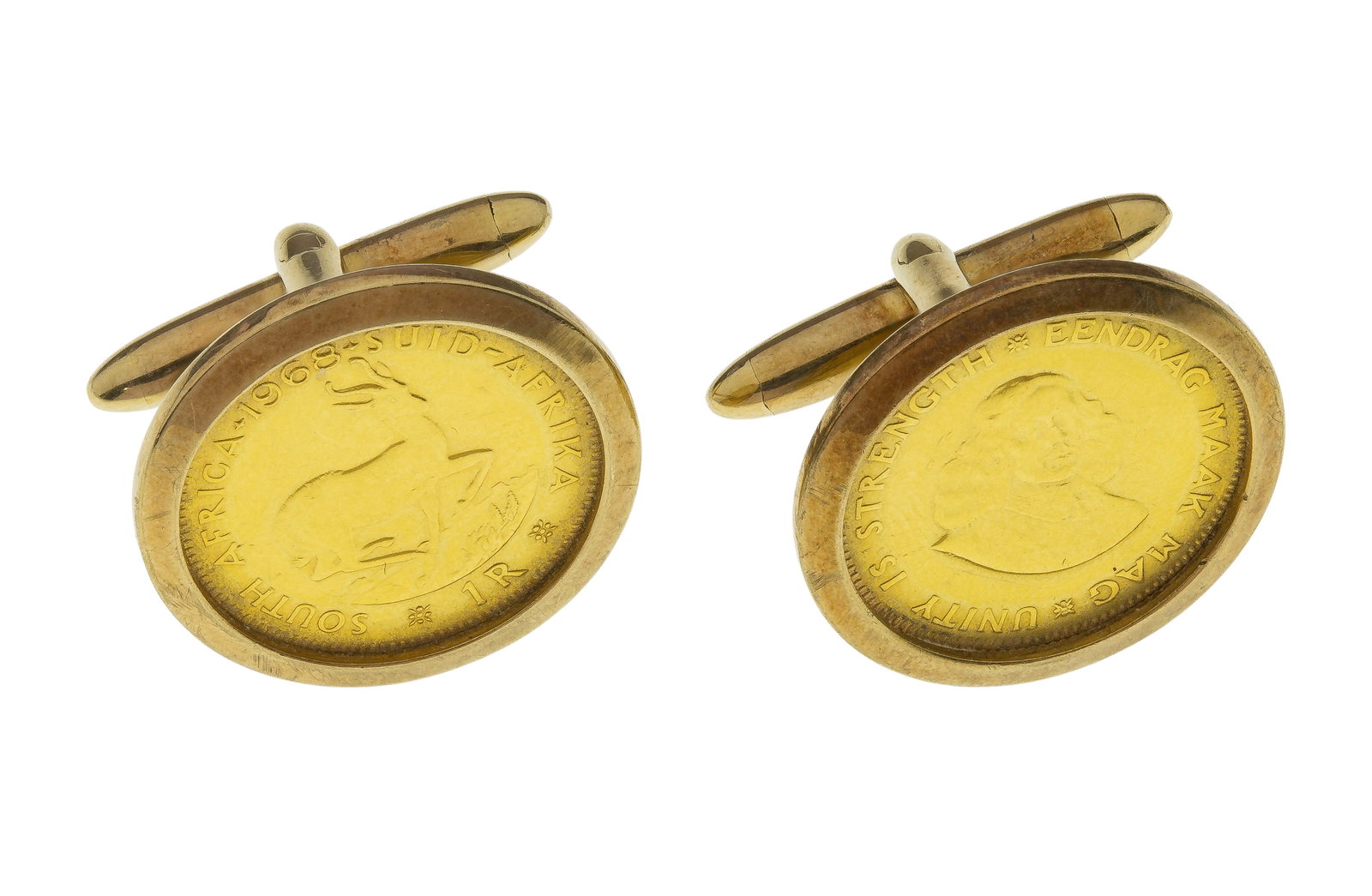 22k South African Coins in 9k Yellow Gold Cufflinks: 22k South African Coins in 9k Yellow Gold Cufflinks A pair of yellow gold cufflinks (marked '9k') having gold coins dated 1968 and 1969 (unmarked 22k) Property from: a Private Collector, Winnetka,