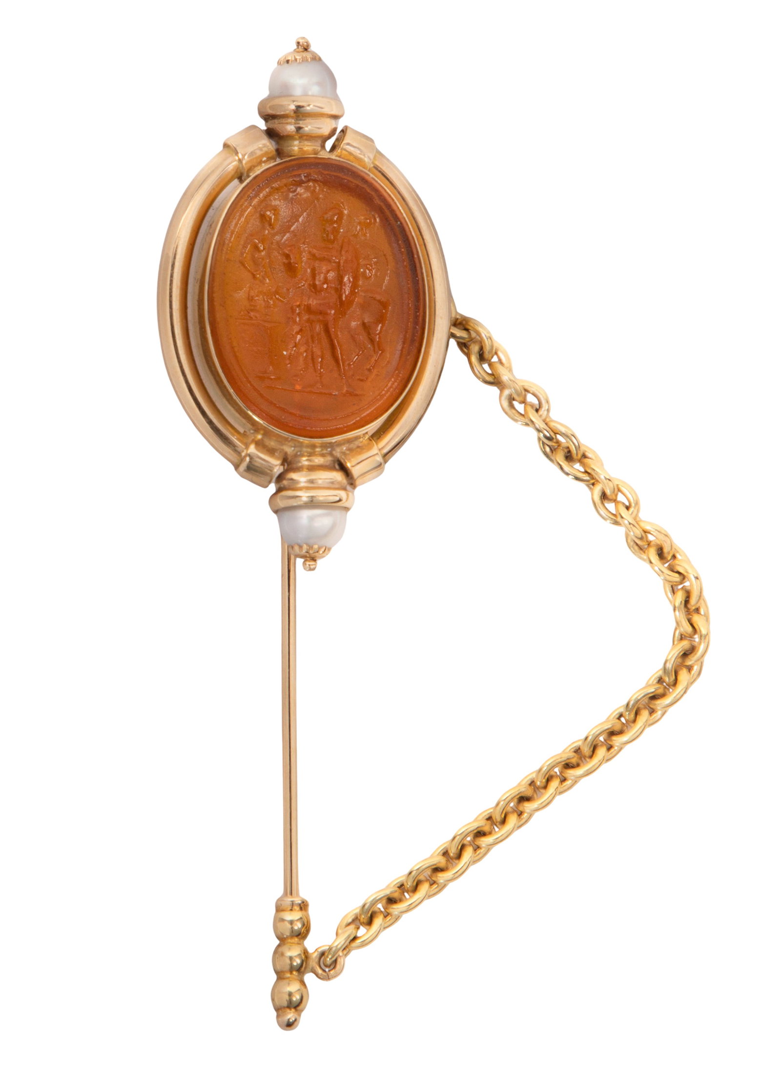 14k Yellow Gold and Amber Glass Pin: 14k Yellow Gold and Amber Glass Pin A jabot pin having an amber glass intaglio cameo and pearl ends (marked '14k') Property from: an Estate, Mokena, Illinois Length: 3 inches, Width: 1 inches Weight: 