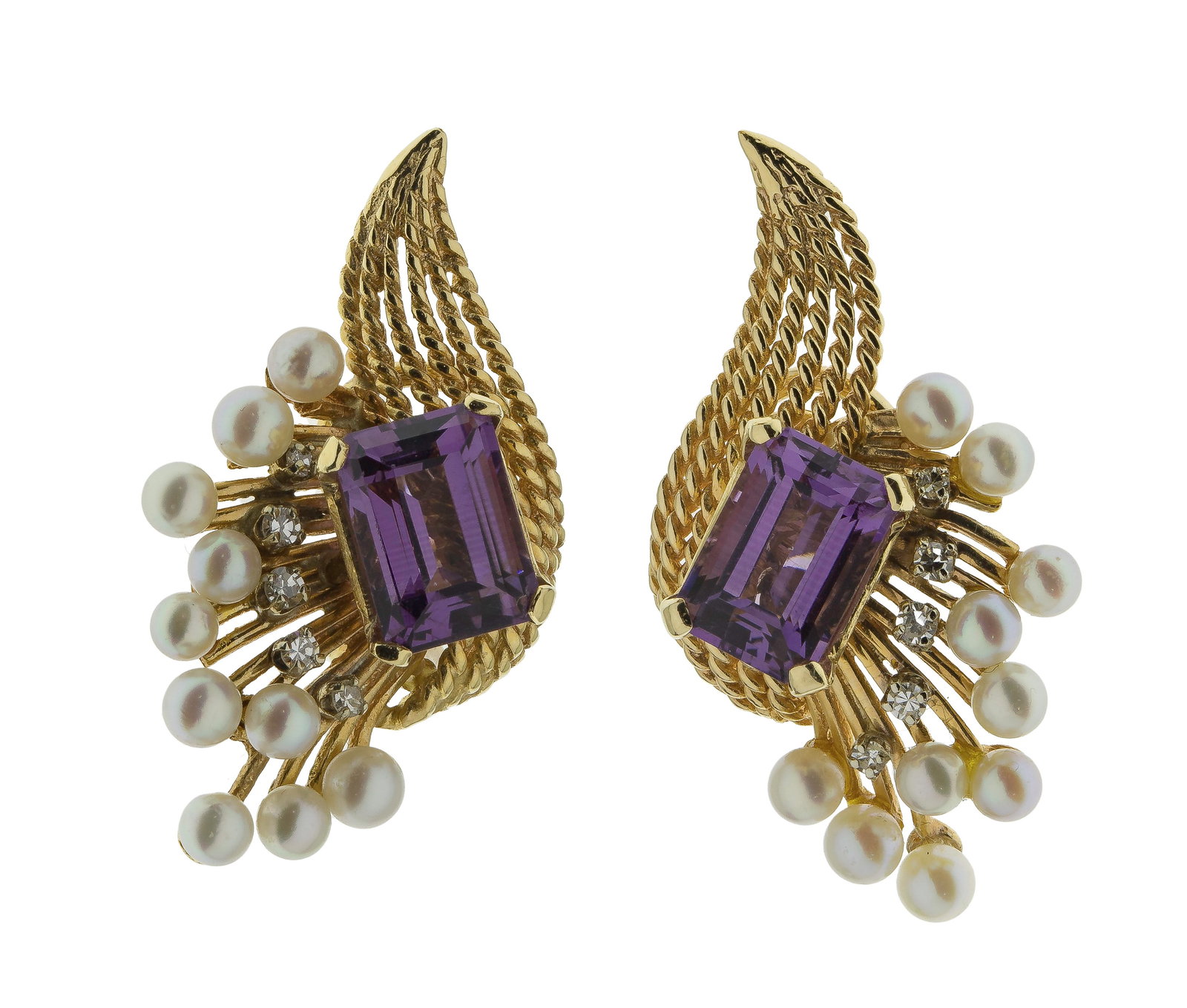 14k Yellow Gold, Pearl, Amethyst and Diamond Clip Earrings: 14k Yellow Gold, Pearl, Amethyst and Diamond Clip Earrings A pair having an emerald cut amethyst in a textured vine setting accented by pearls and diamonds (marked '14k') Property from: a Private