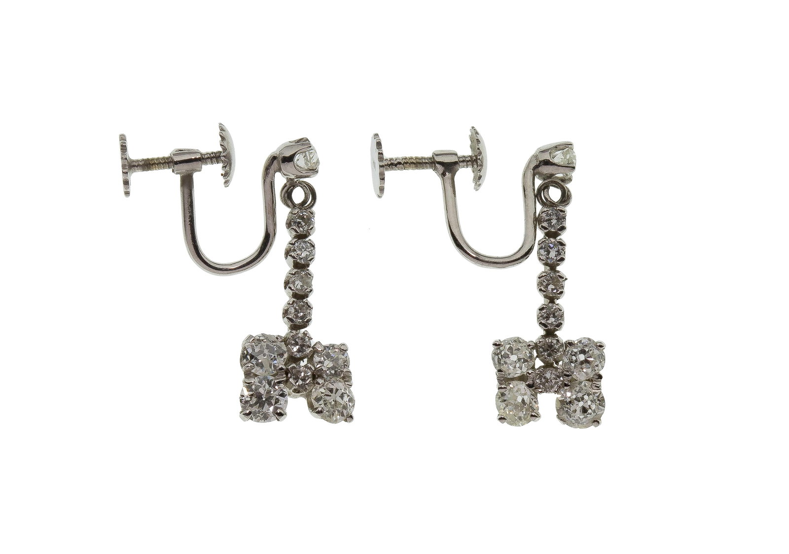 14k White Gold and Diamond Earrings: 14k White Gold and Diamond Earrings A pair of screwback drop earrings having round cut diamonds weighing approximately 1.70 carats, VS-2/SI-1, F/H color in an art deco design Property from: a Private 