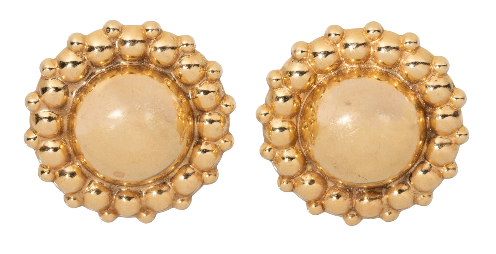 14k Yellow Gold Earrings: 14k Yellow Gold Earrings A pair of French clip pierced earrings having a dome design surrounded by smaller beads (marked '14k') Property from: an Estate, Mokena, Illinois Diameter: 1 1/8 inches Weight