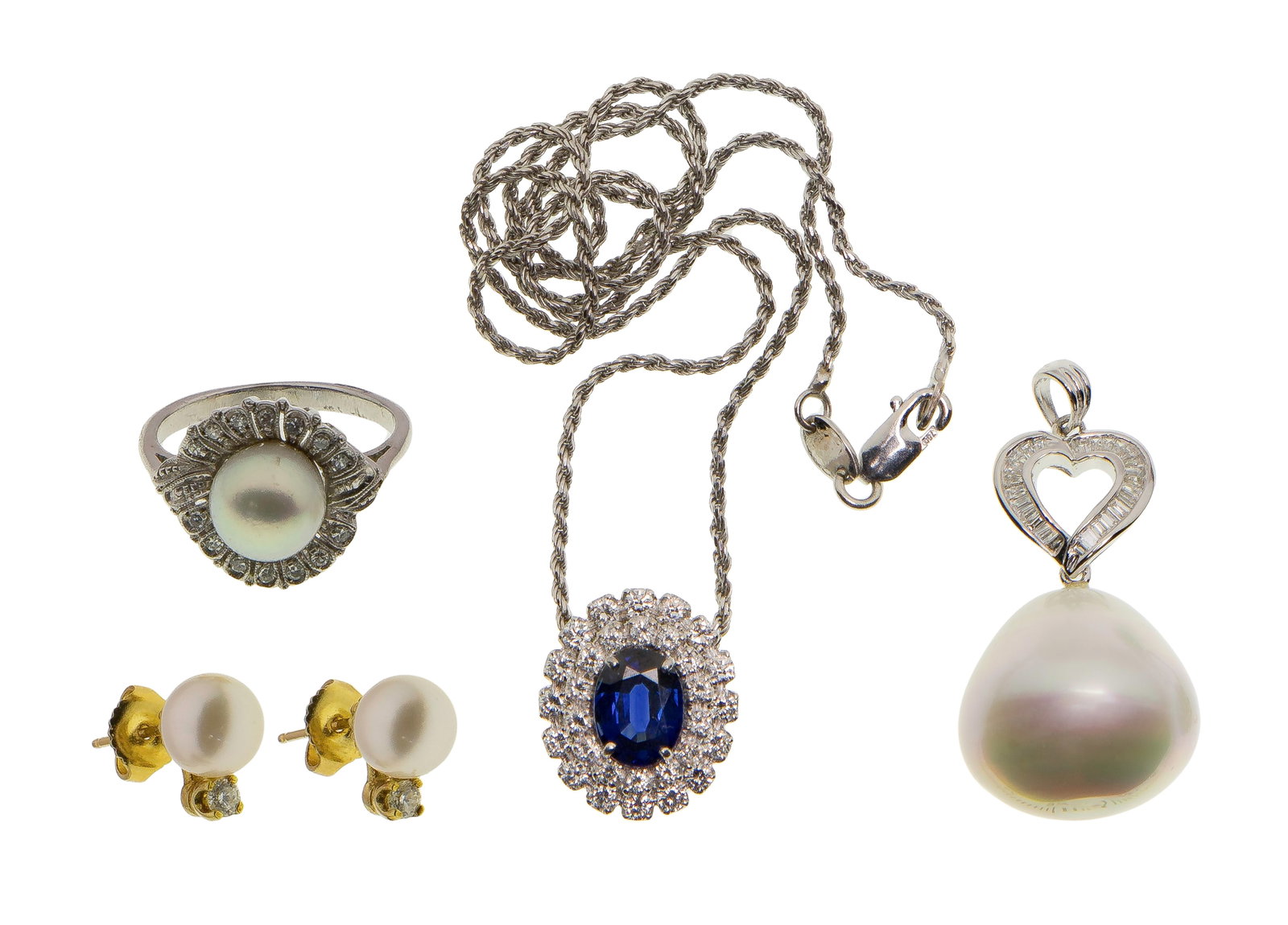 18k White Gold Jewelry Assortment: 18k White Gold Jewelry Assortment (4) items including a pendant having an oval cut sapphire surrounded by round cut diamonds on a necklace and a pair of approximately 7mm pearl yellow gold stud earrin
