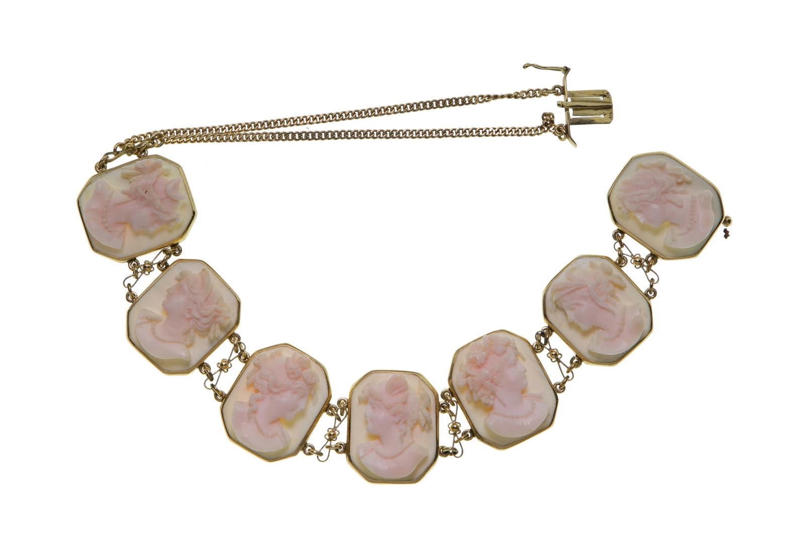 14k Yellow Gold and Carved Cameo Necklace: 14k Yellow Gold and Carved Cameo Necklace A choker style having pink and white coral cameo carvings of woman / goddesses (unmarked 14k) Property from: a Private Collector, Winnetka, Illinois Length: 1